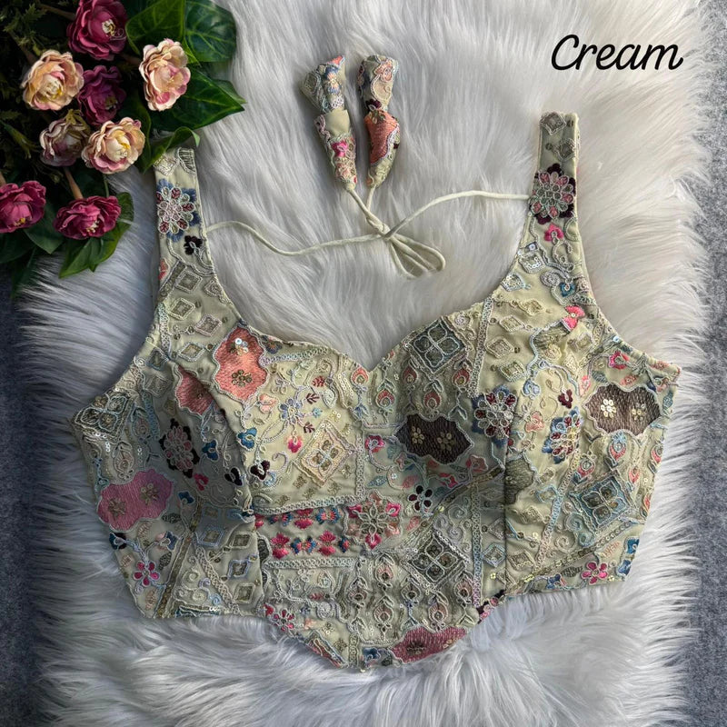 Ivory Cream Luxe Corset Sequins Embroidered Blouse Fox Georgette Partywear