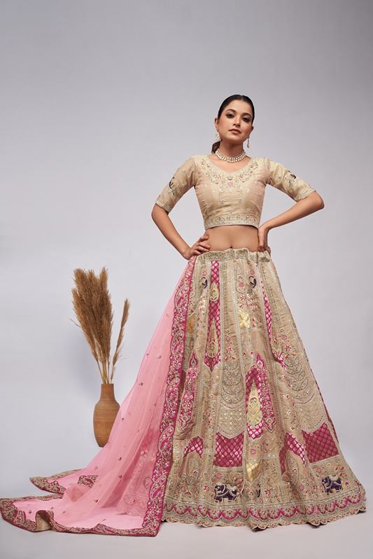 Ivory Orgenza Silk Intricate Paisley Motifs Traditional Embroidered Wedding Lehenga