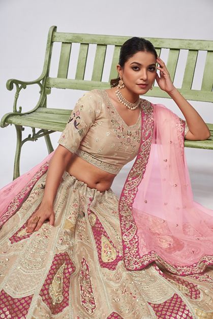 Ivory Orgenza Silk Intricate Paisley Motifs Traditional Embroidered Wedding Lehenga