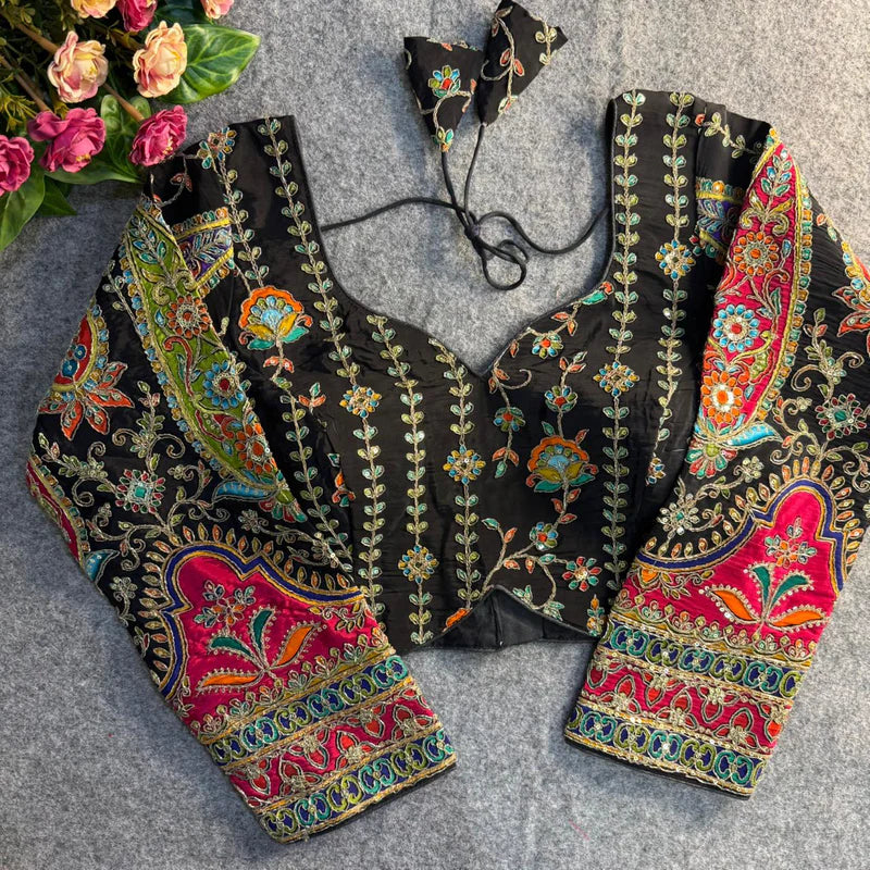 Jet Black Elegant Heavy Position Work Long Sleeve Blouse Pure Crepe Embroidered & Sequined Partywear