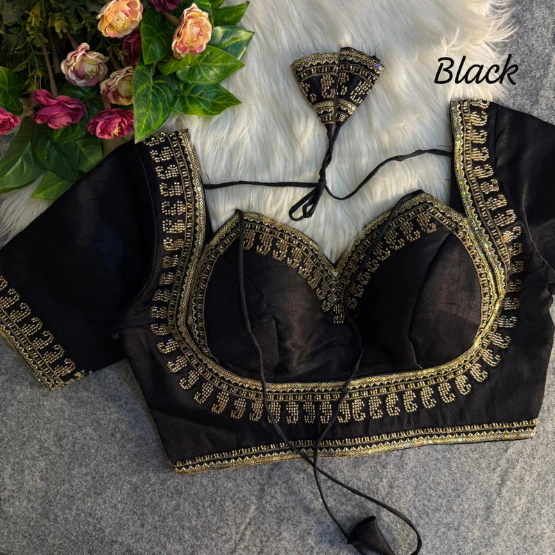 Jet Black Royal Beads Work Bridal Blouse Italian Silk Designer Couture Wear