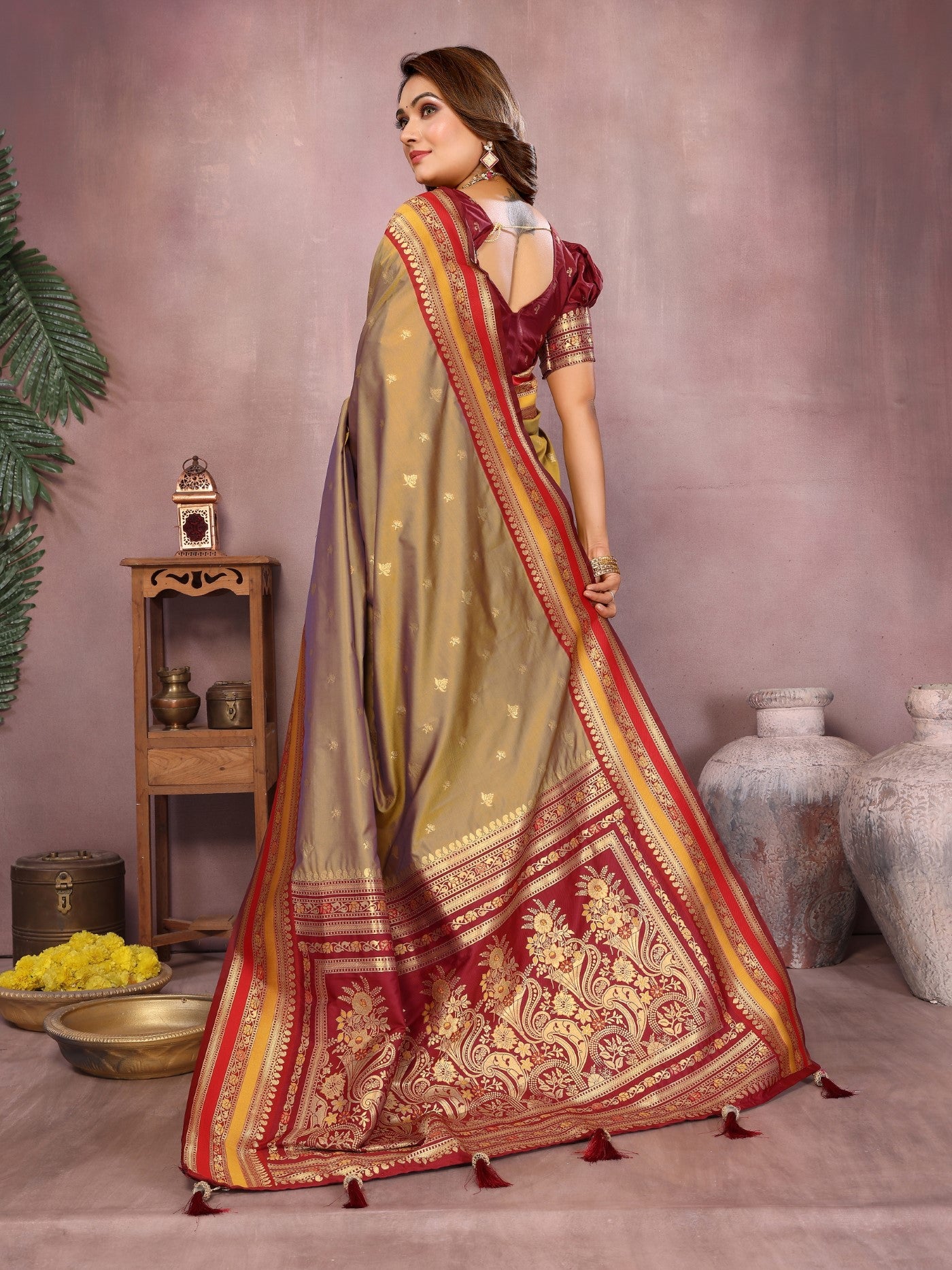 Khaki Kalamkari Silk Saree With Traditional Weaving