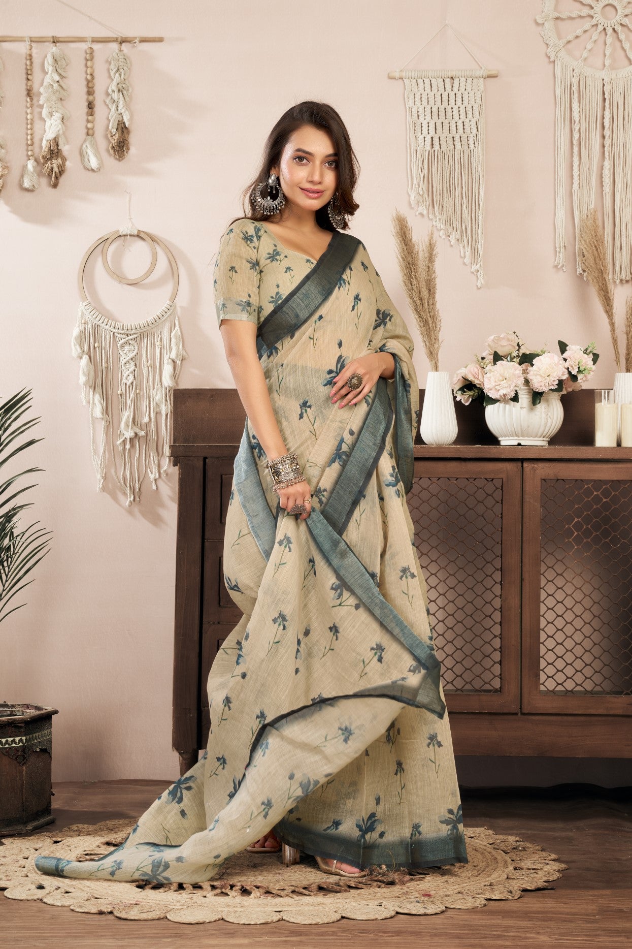 Khaki Linen Ready To Wear Saree With Zari Border Printed