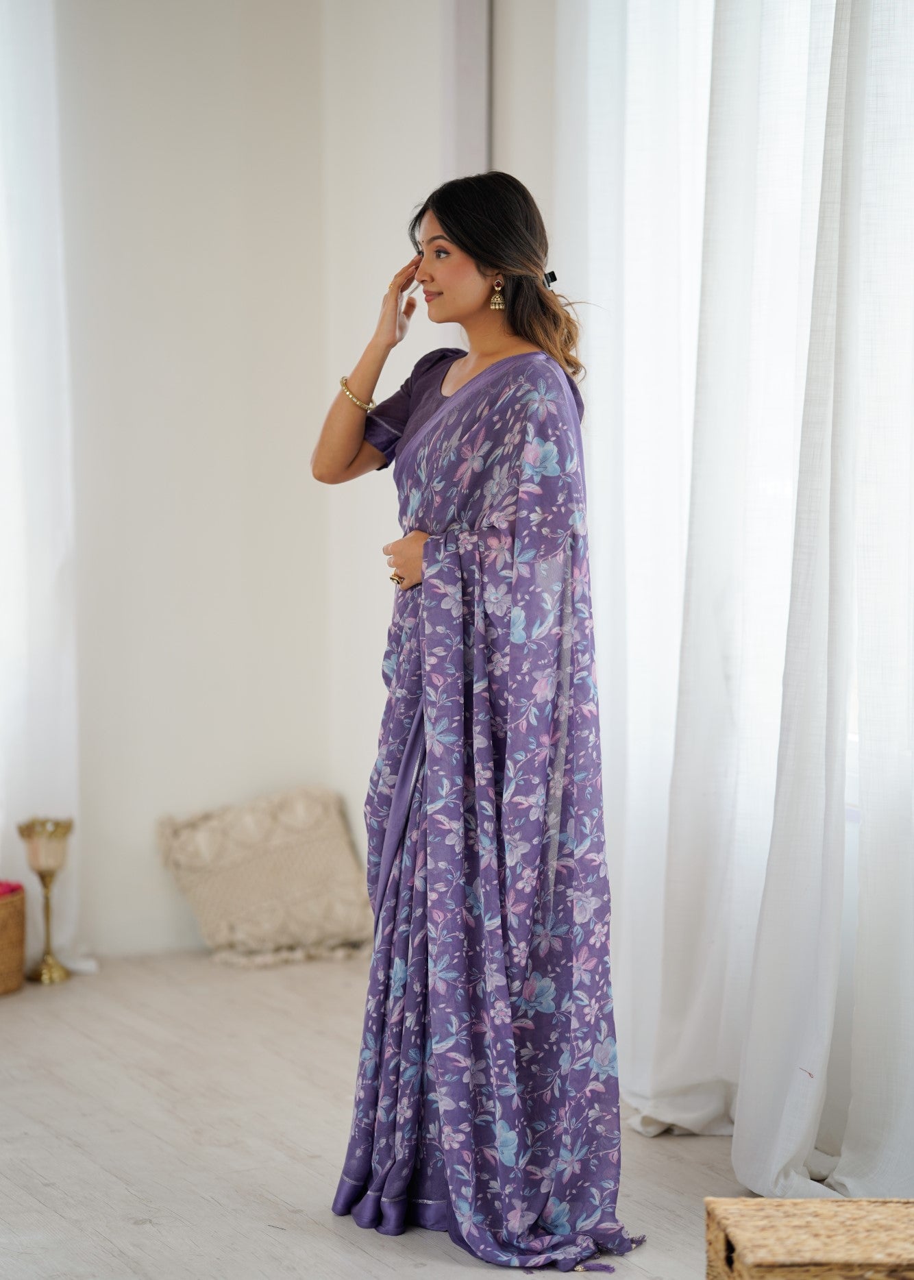 Lavender Bright Moss Satin Patta Saree With Embroidery Work