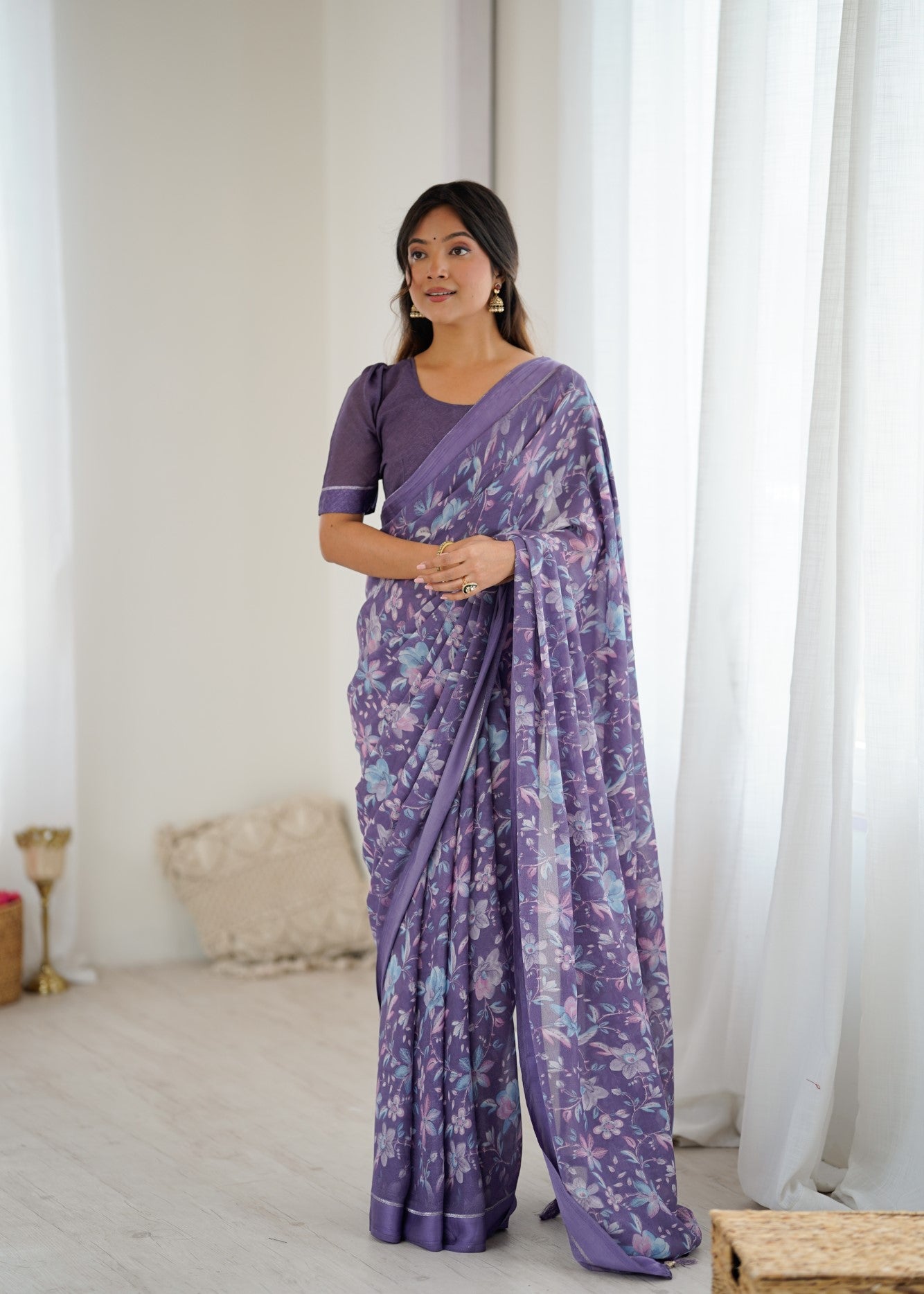 Lavender Bright Moss Satin Patta Saree With Embroidery Work