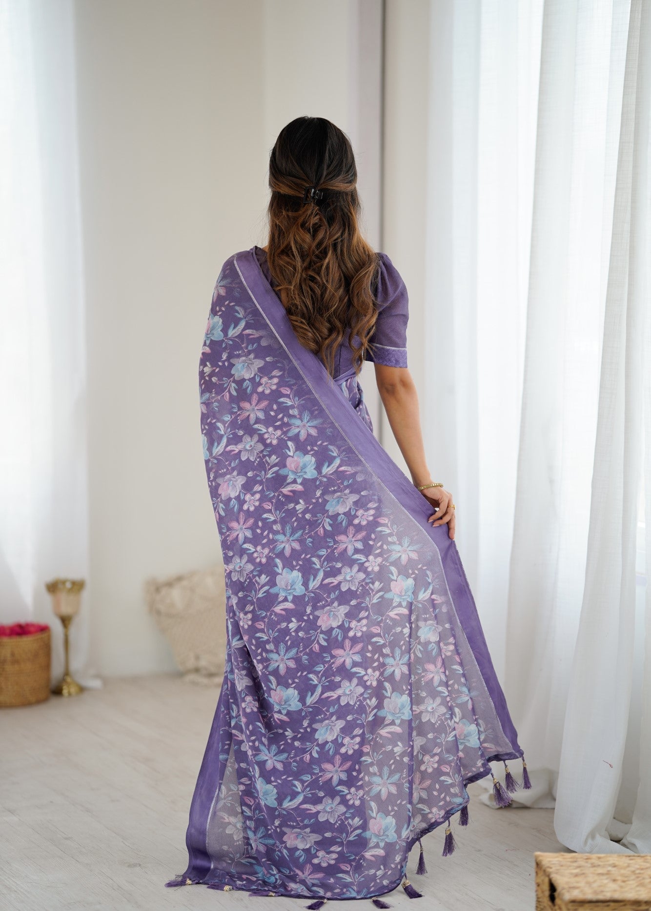 Lavender Bright Moss Satin Patta Saree With Embroidery Work