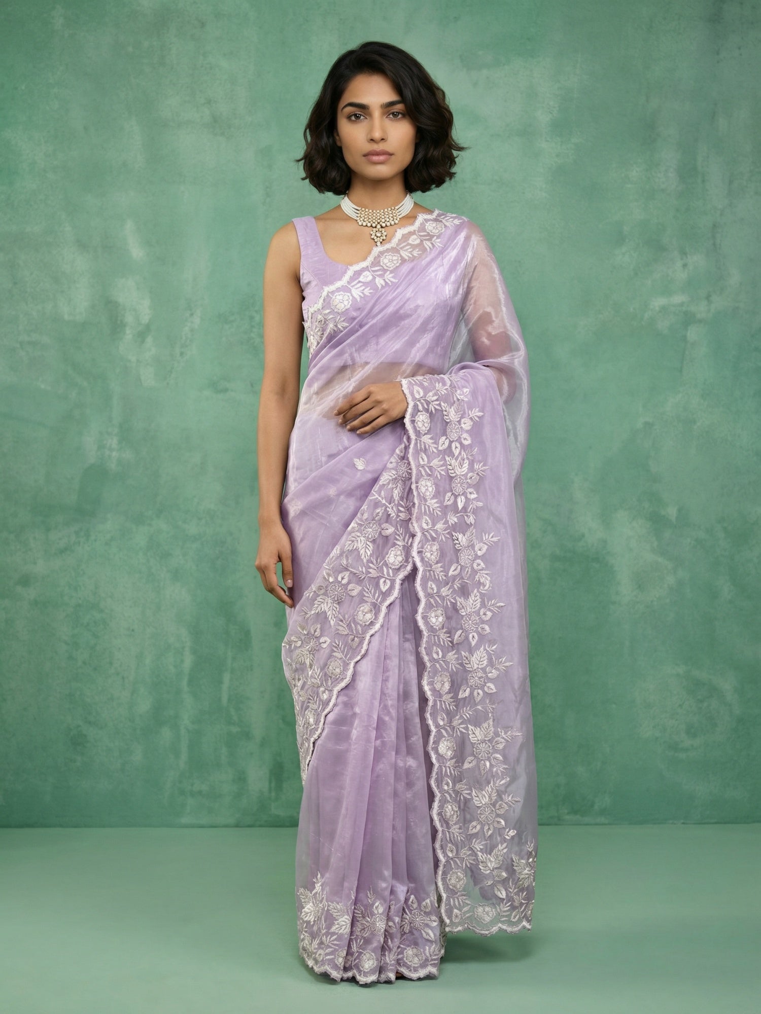 Lavender Chanda Silk Saree with Designer Floral Embroidery Work