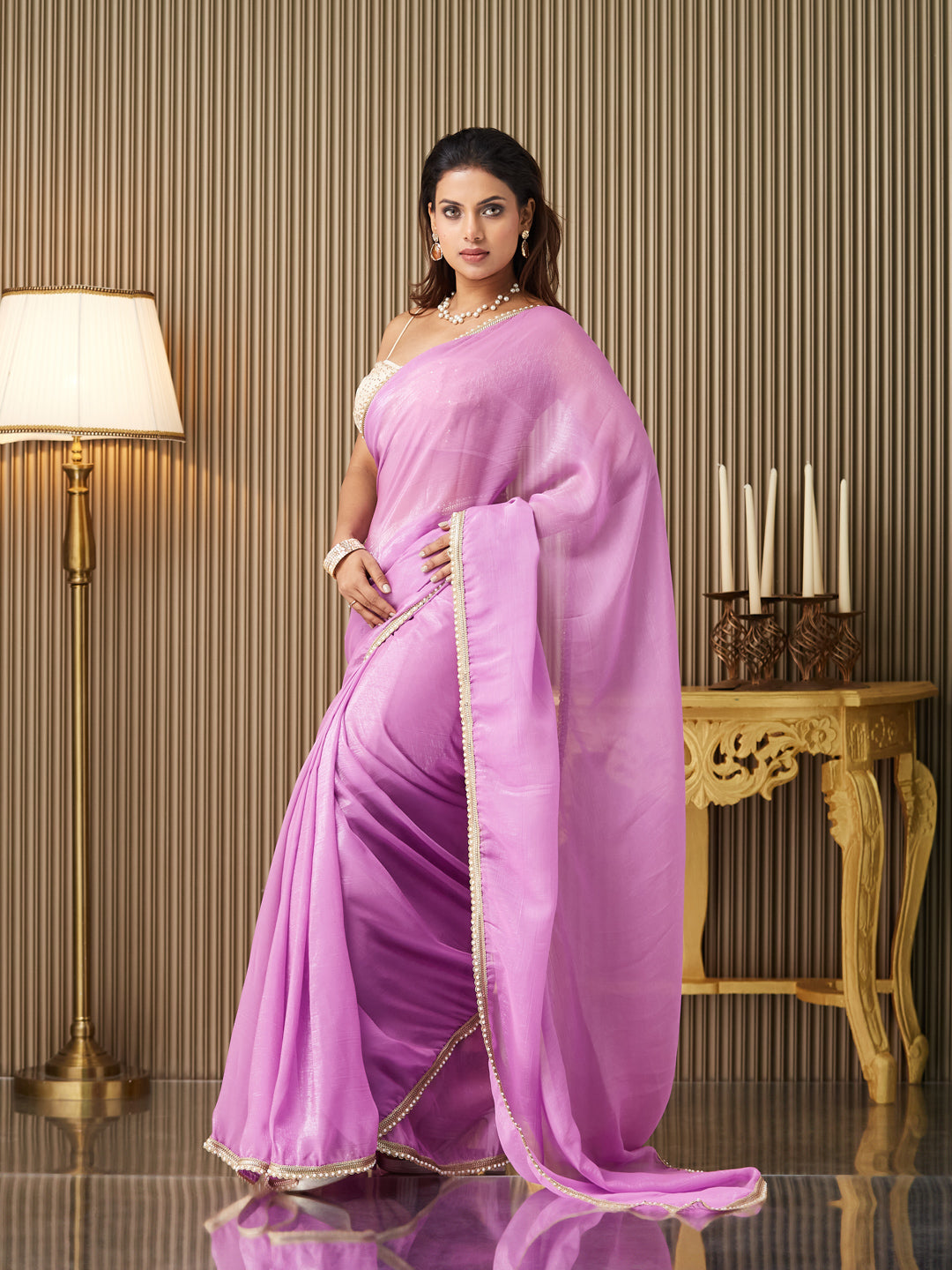 Lavender Chiffon Fancy Designer Bollywood Party Saree