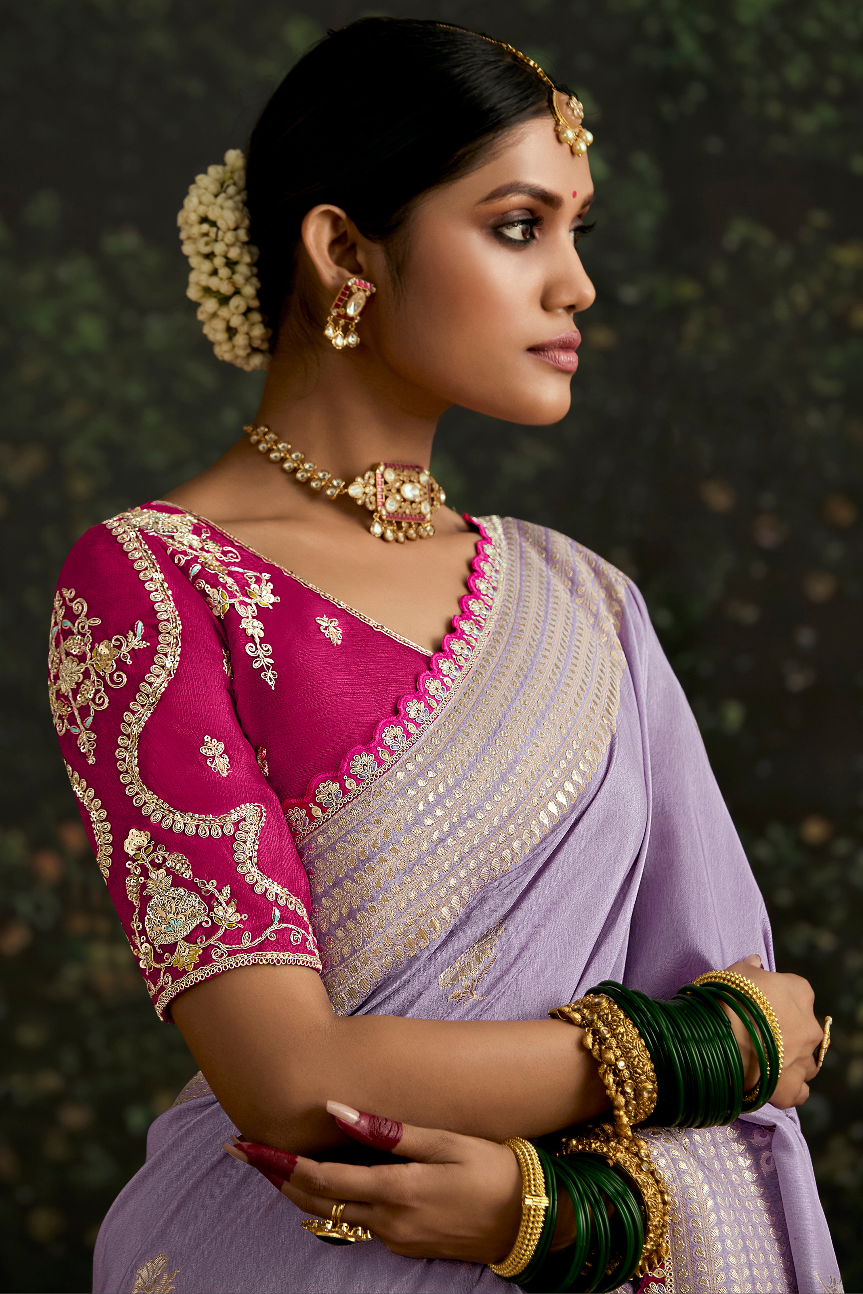 Lavender Dola Silk Saree With Jacquard Woven with Embroidered Lace Border