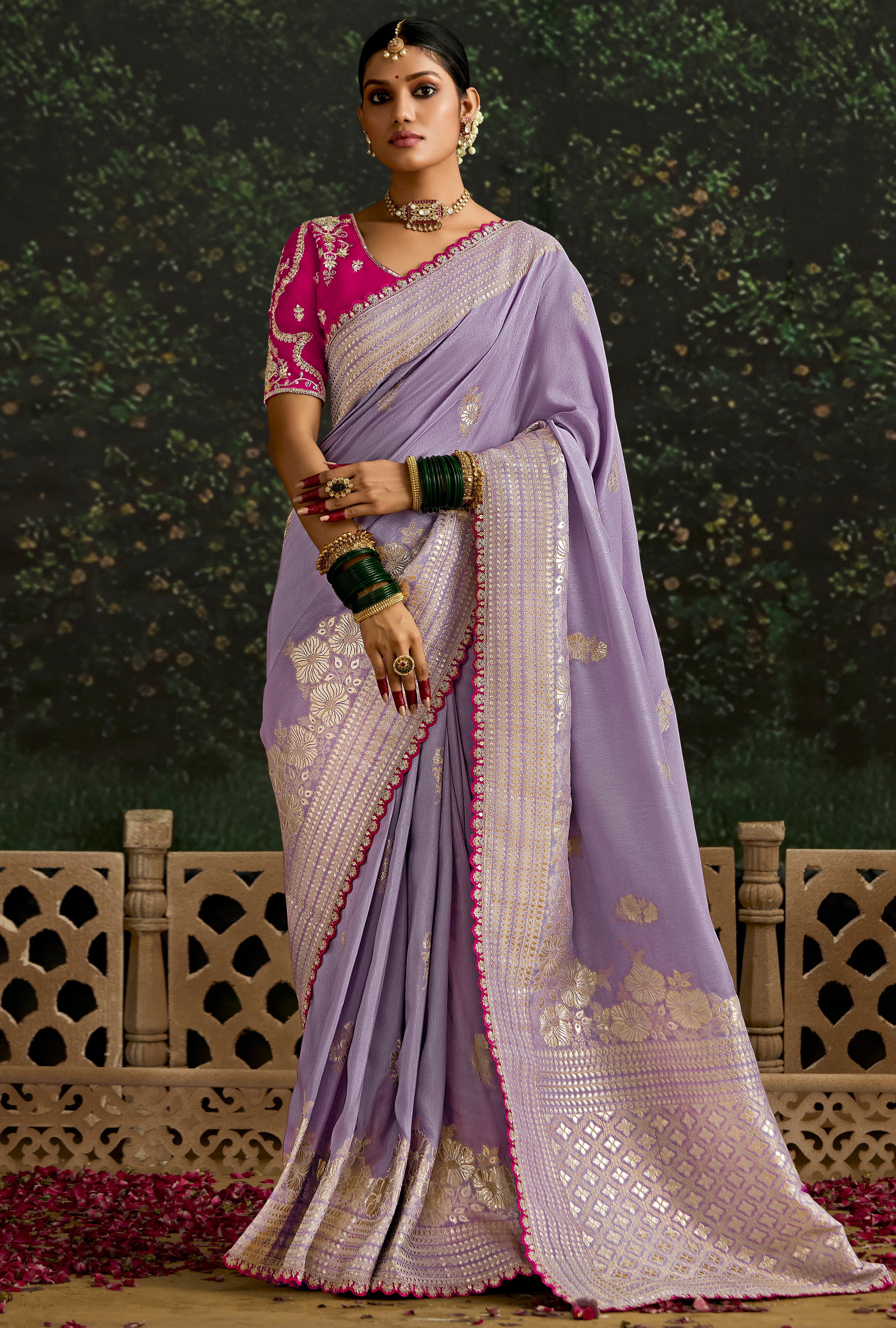 Lavender Dola Silk Saree With Jacquard Woven with Embroidered Lace Border