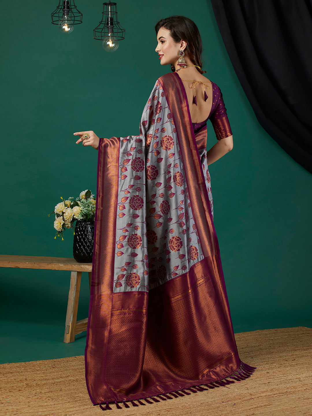 Lavender Ethnic Banarasi Silk Saree With Floral Woven Designer Looks
