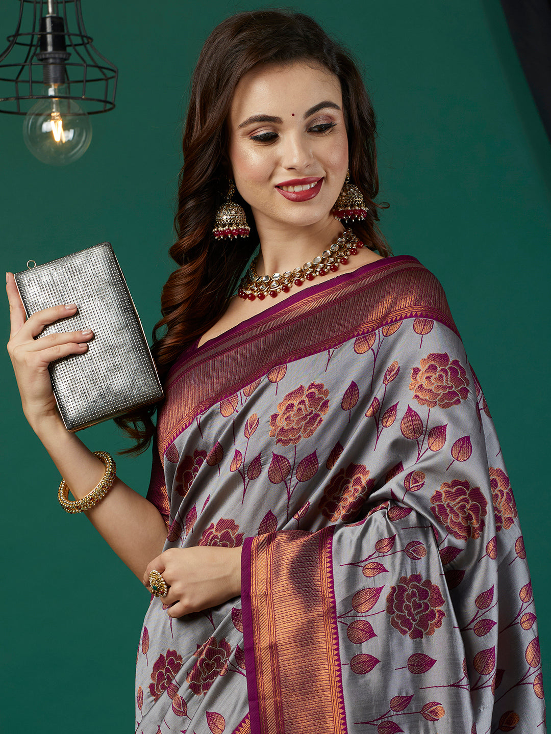 Lavender Ethnic Banarasi Silk Saree With Floral Woven Designer Looks