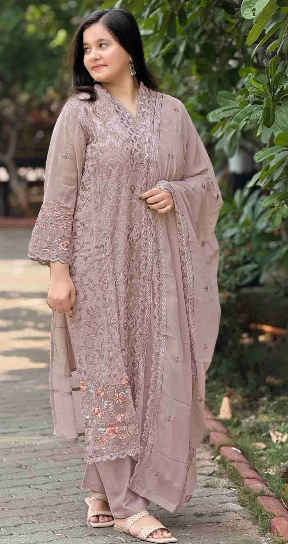 Lavender Georgette Designer Suit Set With Intricate Embroidery
