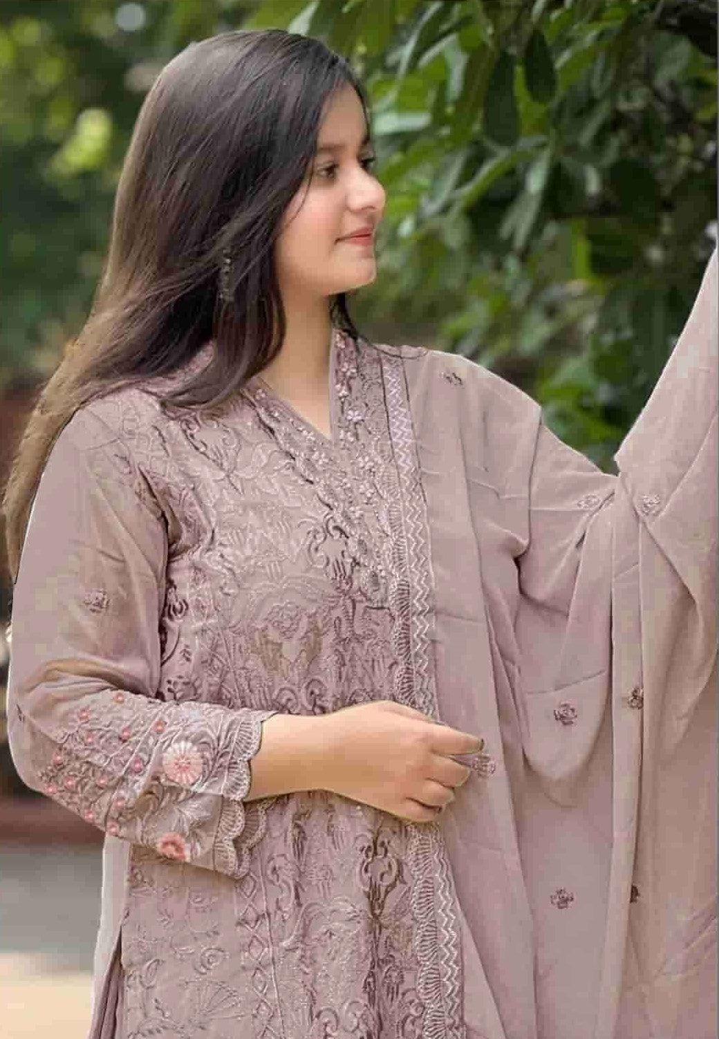 Lavender Georgette Designer Suit Set With Intricate Embroidery