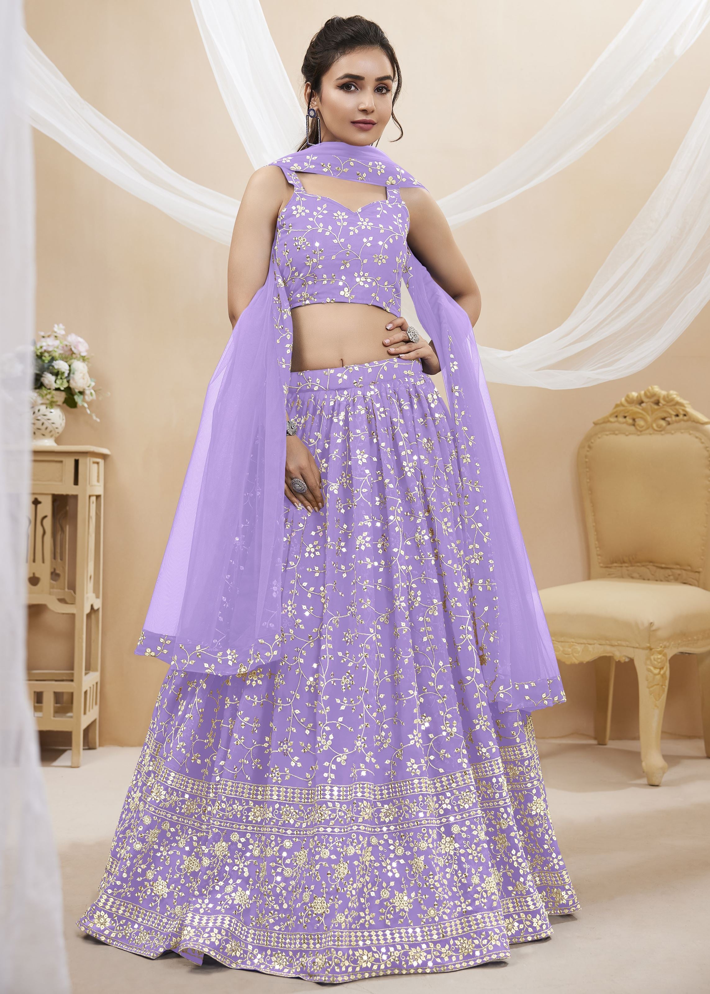 Lavender Georgette Lehenga Choli With Sequins Zari Embroidered Work
