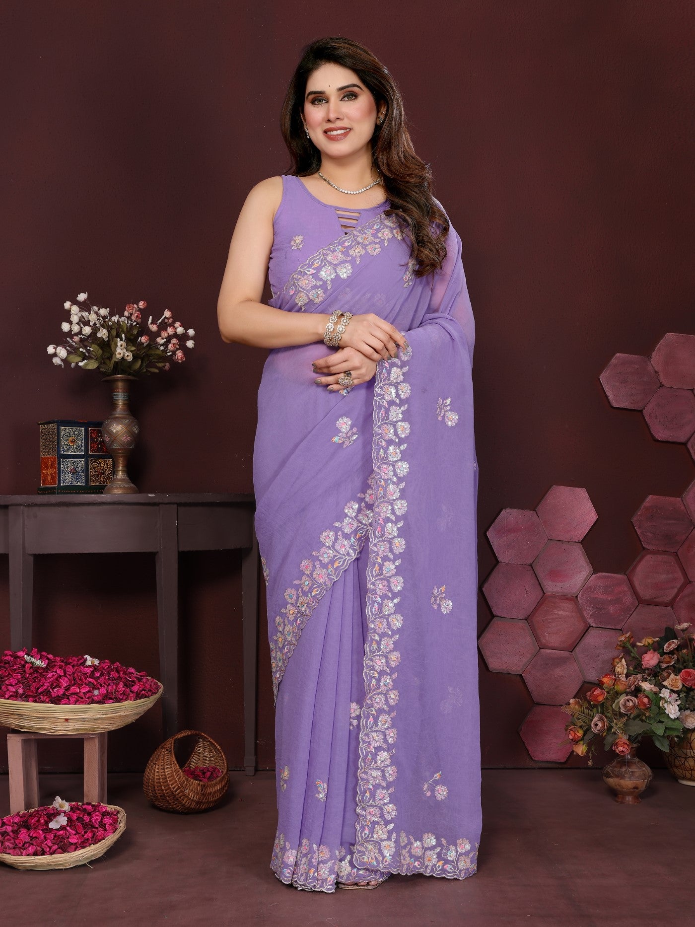 Lavender Georgette Saree With Embroidery Work And Designer Blouse