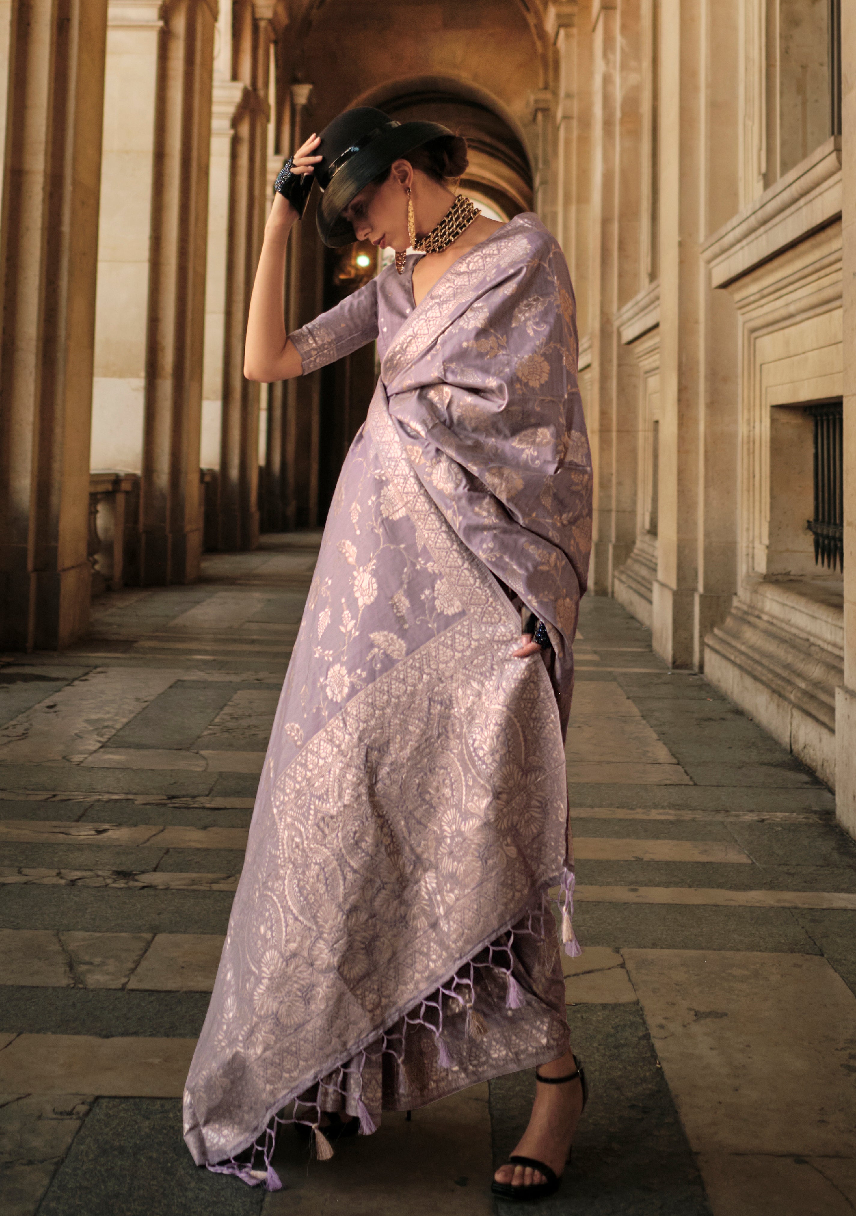 Lavender Gota Zari Weaving Silk Saree With Woven Work