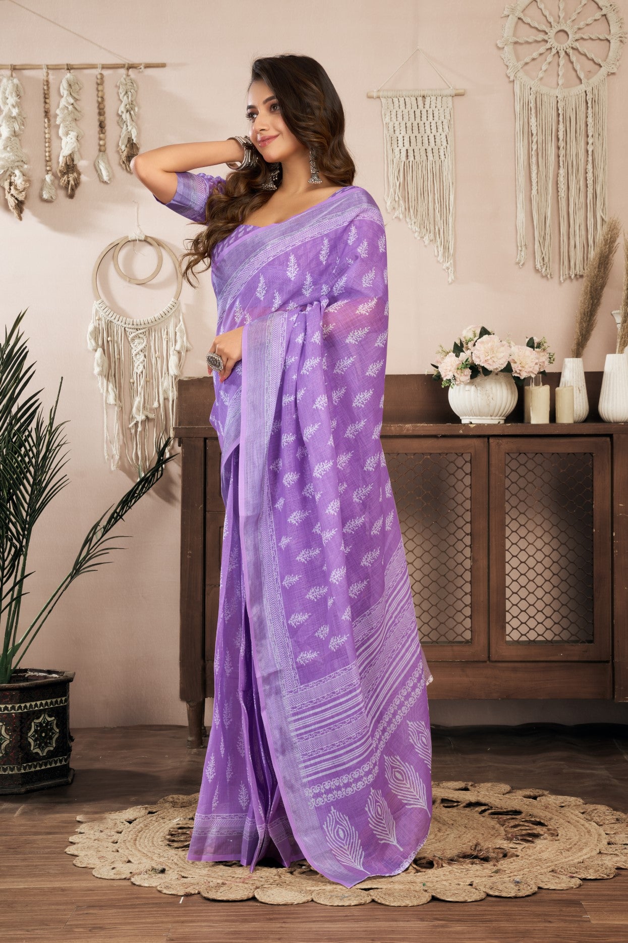 Lavender Linen Ready To Wear Saree With Zari Border Printed