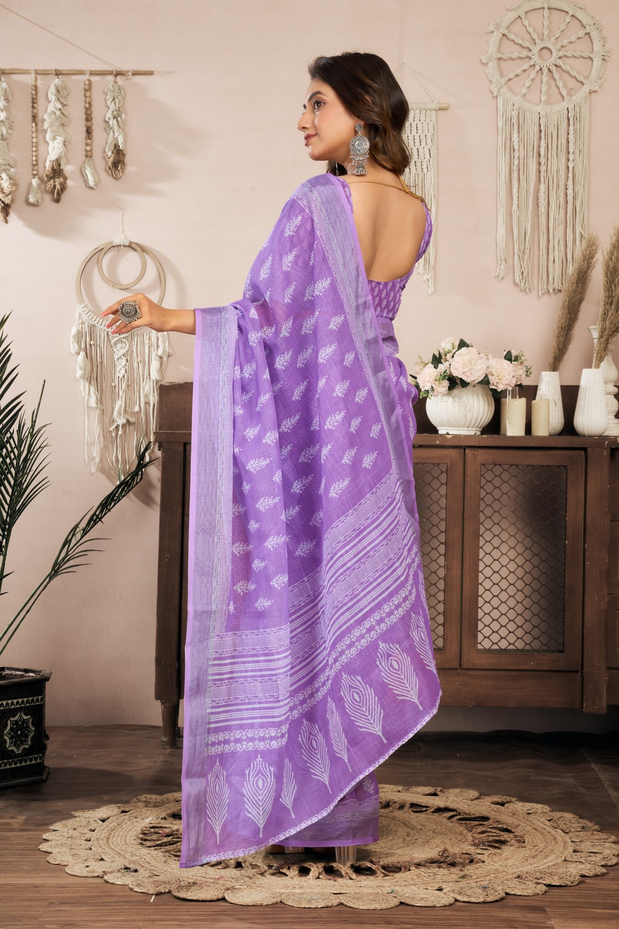 Lavender Linen Ready To Wear Saree With Zari Border Printed