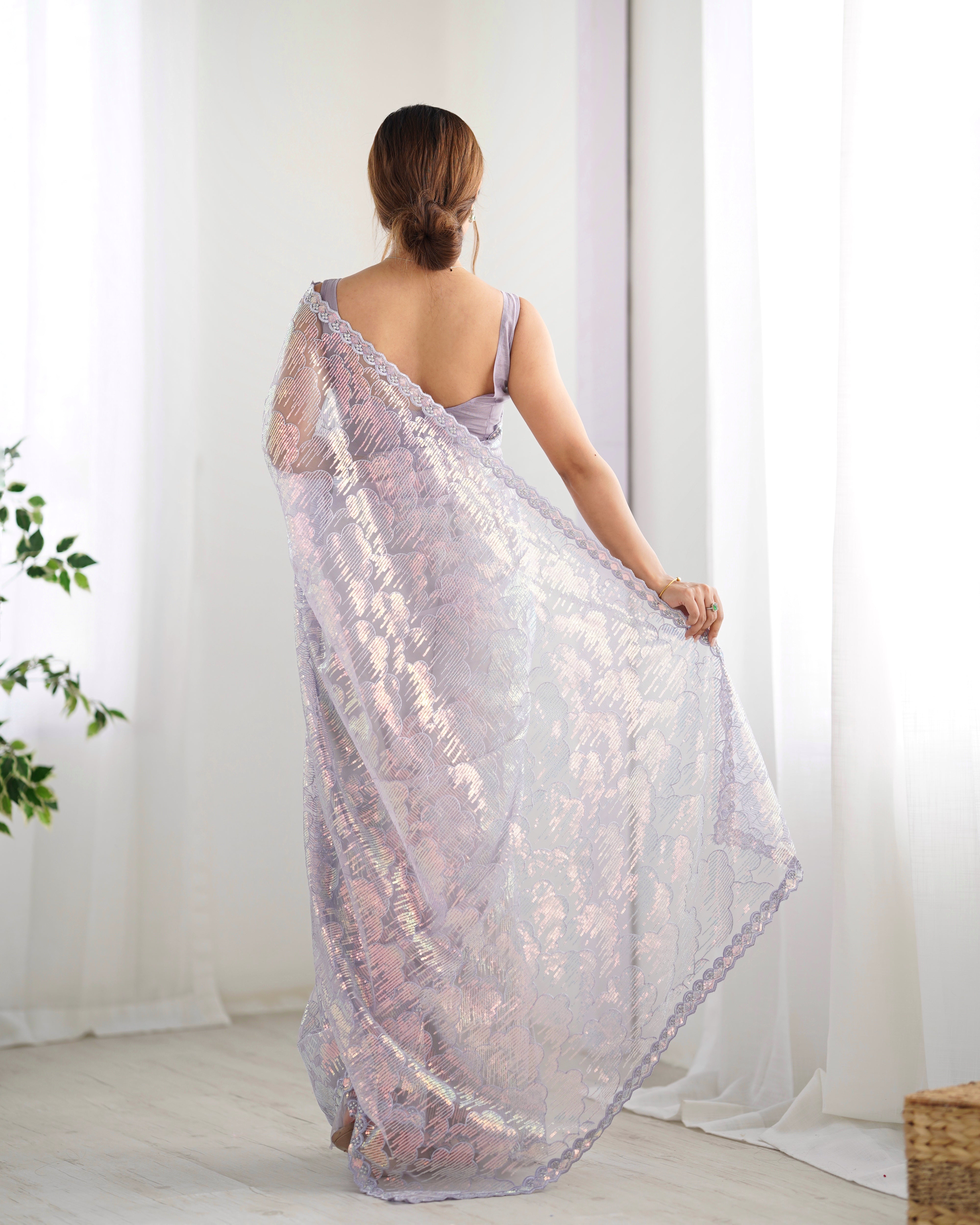 Lavender Mono Net Beautiful Bollywood Saree With Designer Sequins Work