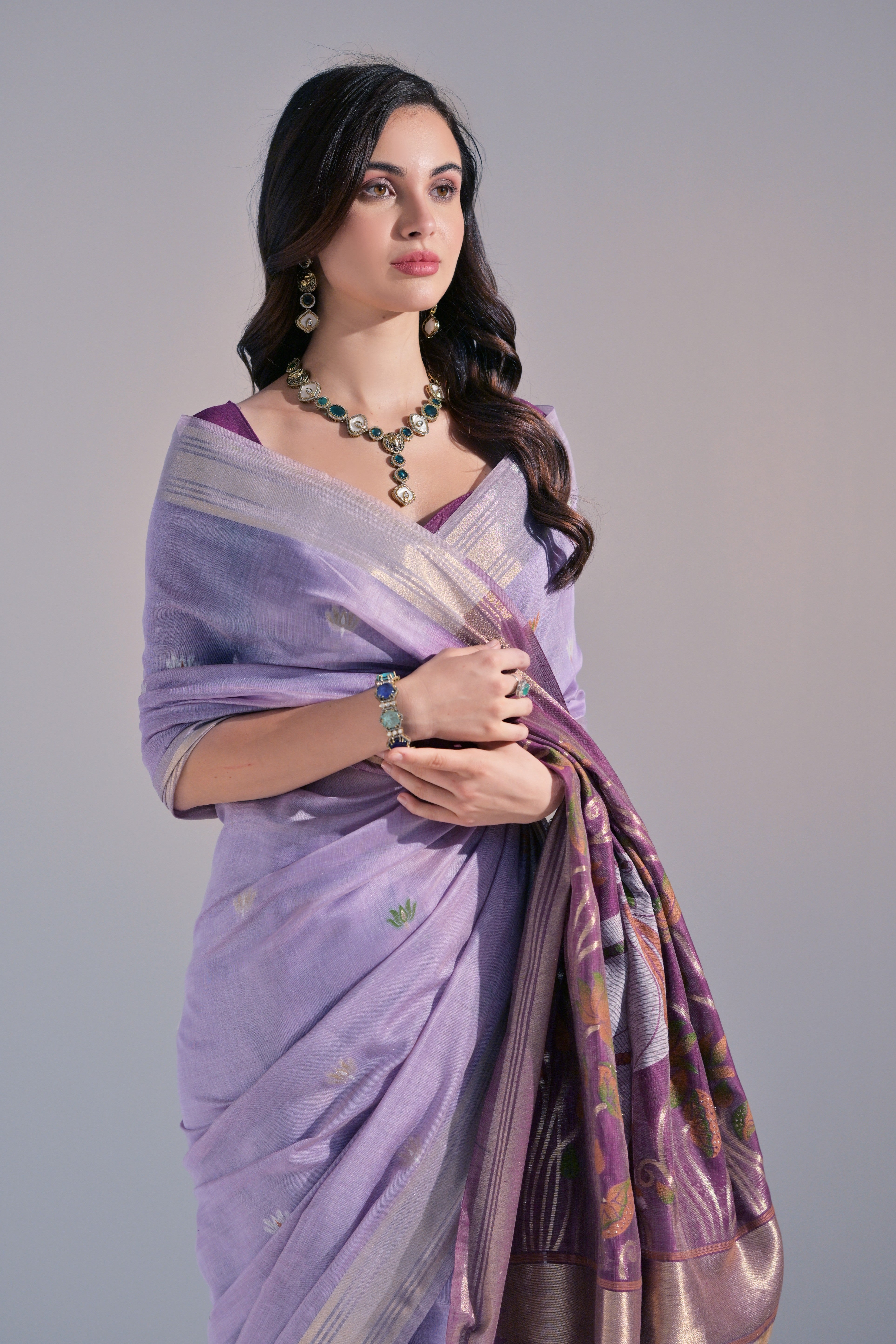 Lavender Muga Cotton Saree with Cow Design and Butti Weaves