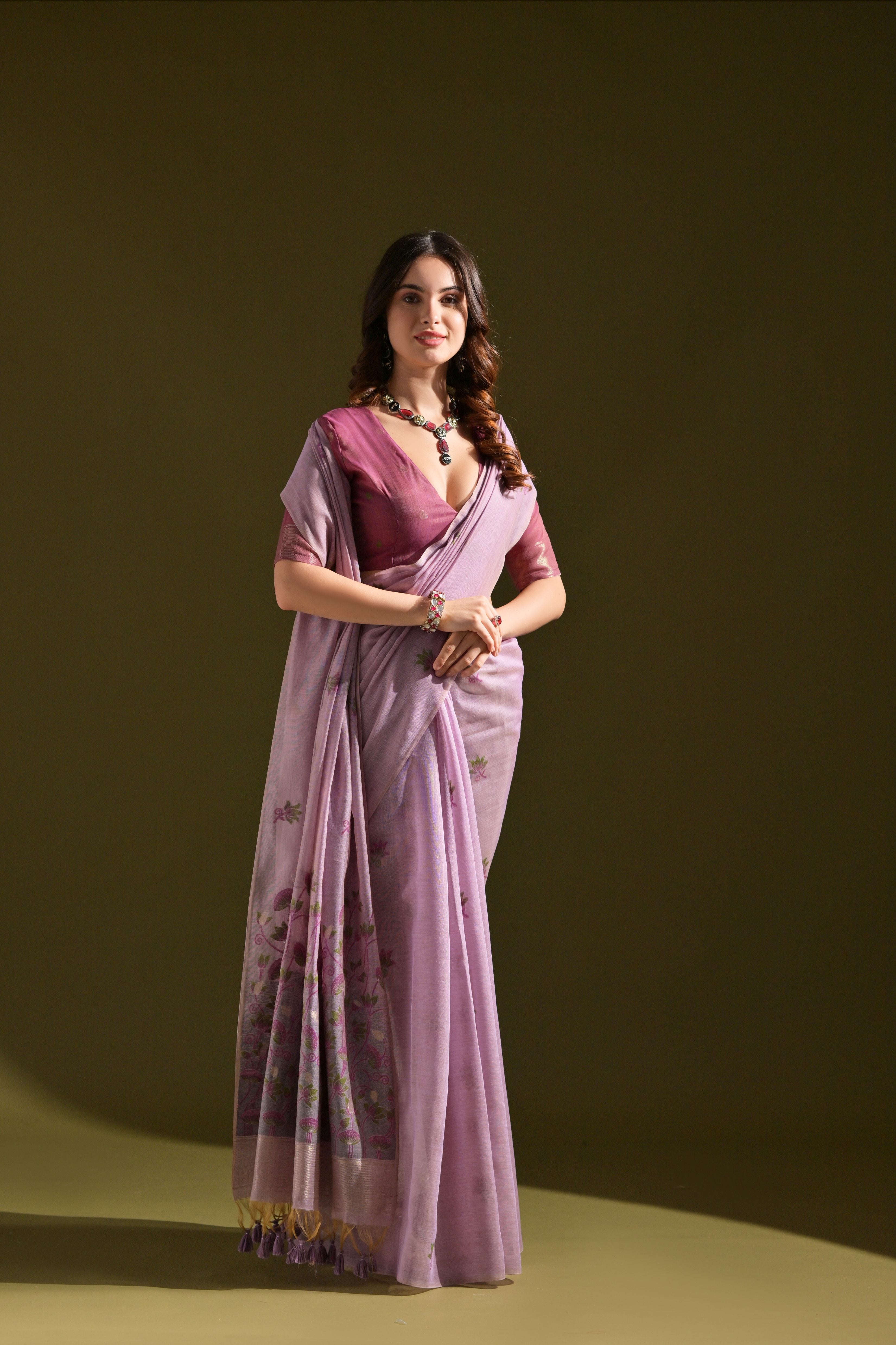 Lavender Muga Cotton Saree with Lotus Thread Design