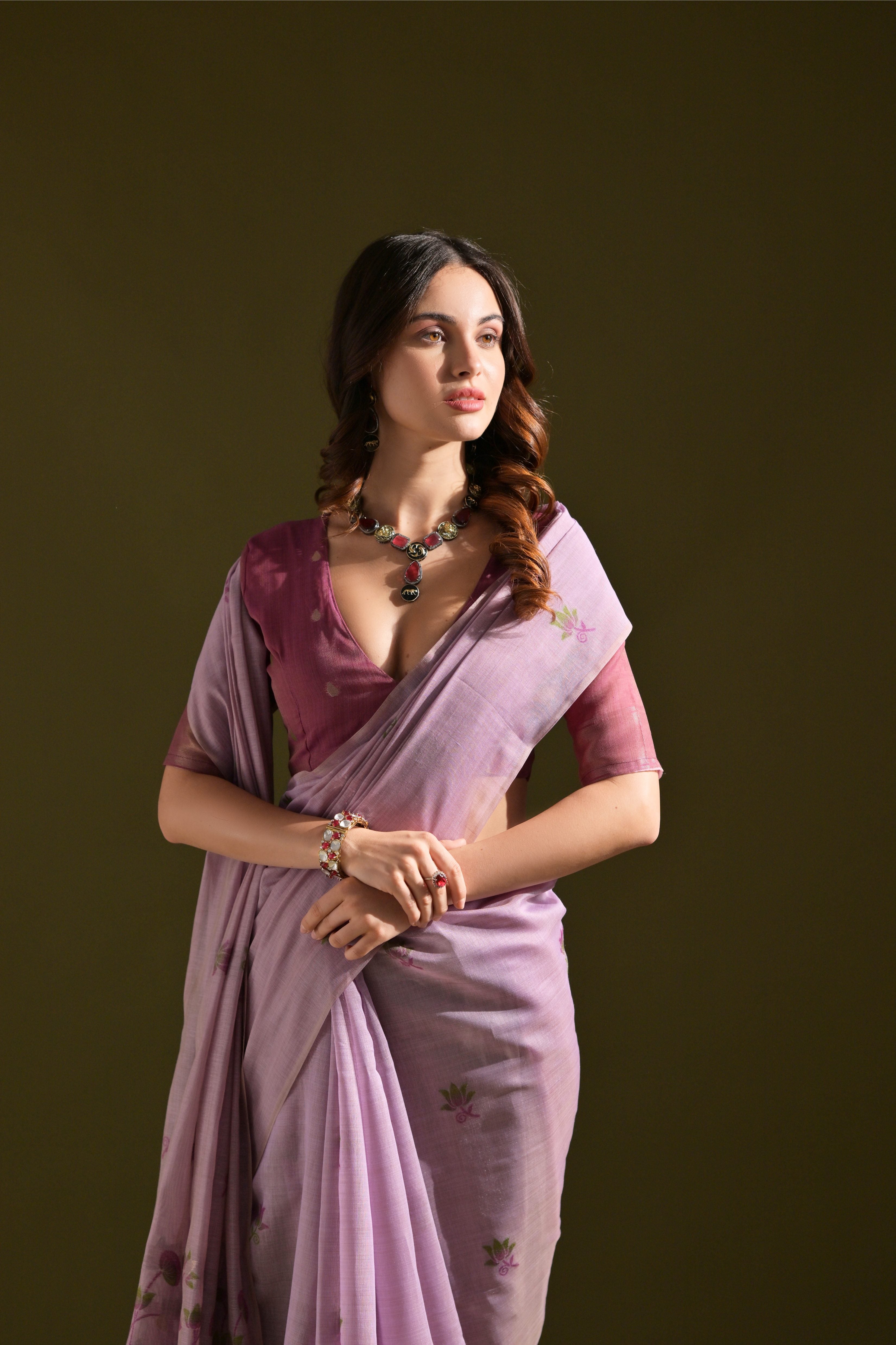 Lavender Muga Cotton Saree with Lotus Thread Design