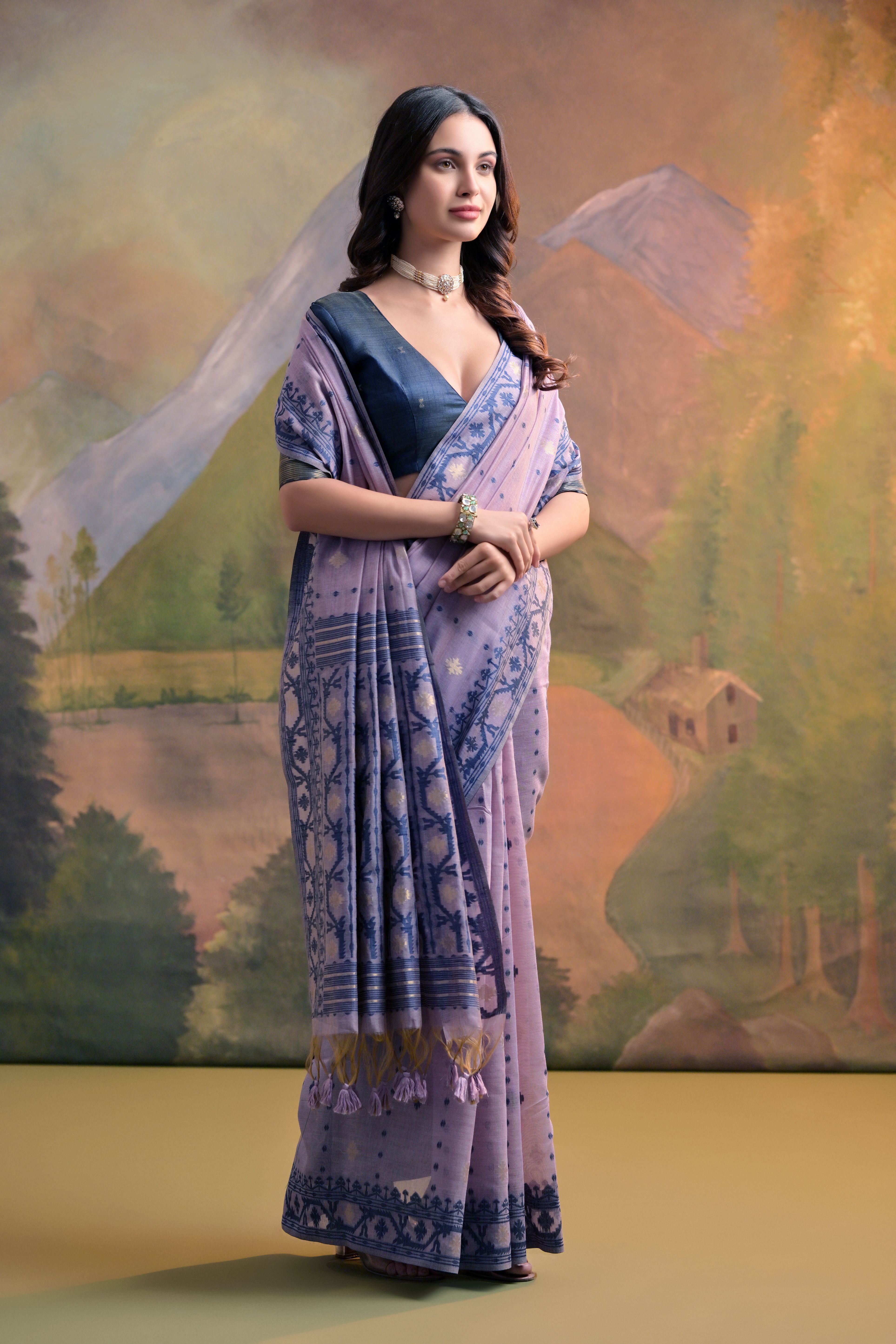 Lavender Muga Cotton Saree with Thread Butti Weaves