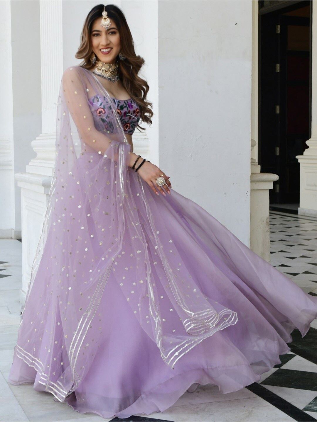 Lavender Organza Net Lehenga Choli With Gota Patti Work with Resham and Sequins Embroidery Work