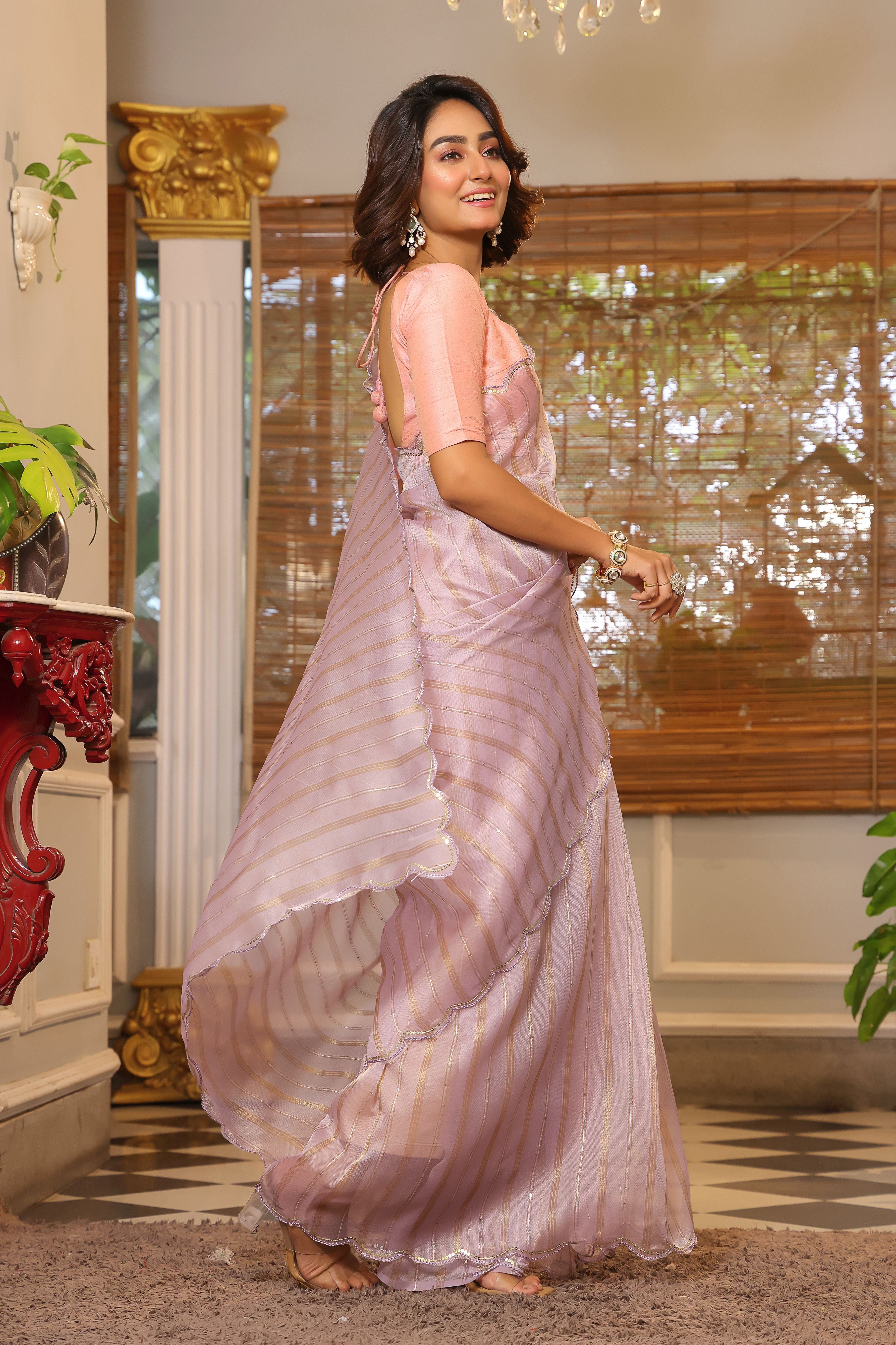 Lavender Organza Partywear Sequins Work Arco Cut Work Saree