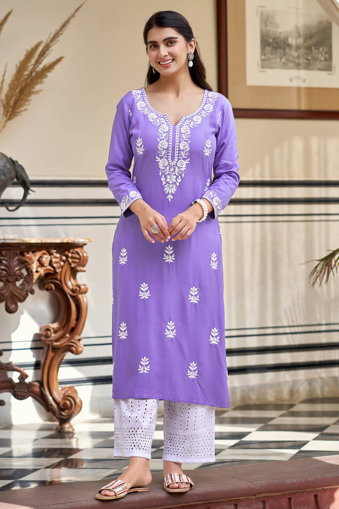 Lavender Pure Rayon Kurta Pant Set With Heavy Thread Embroidered Work