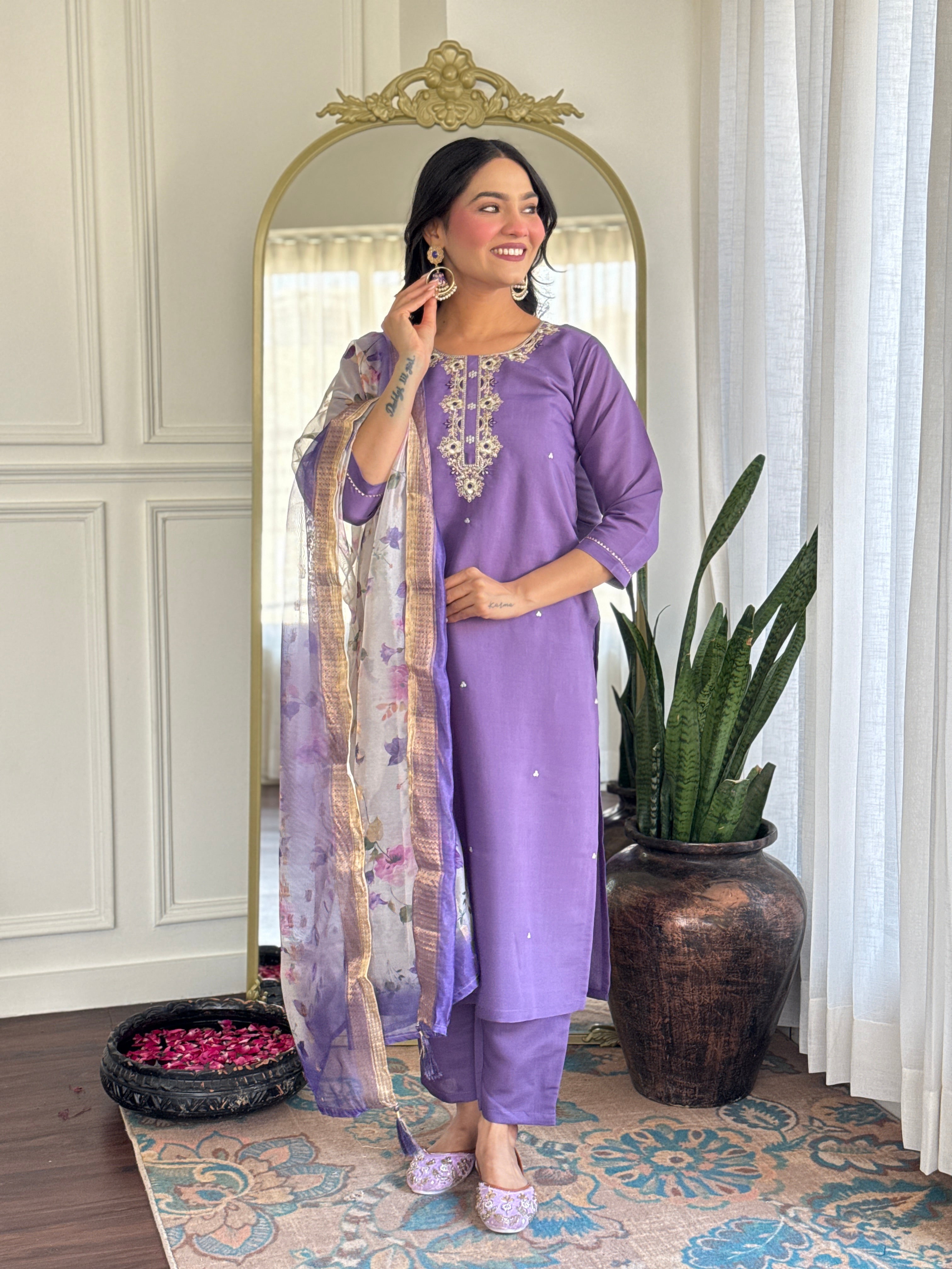 Lavender Rayon Kurta Pant Set With Heavy Thread Embroidery Work With Printed Dupatta