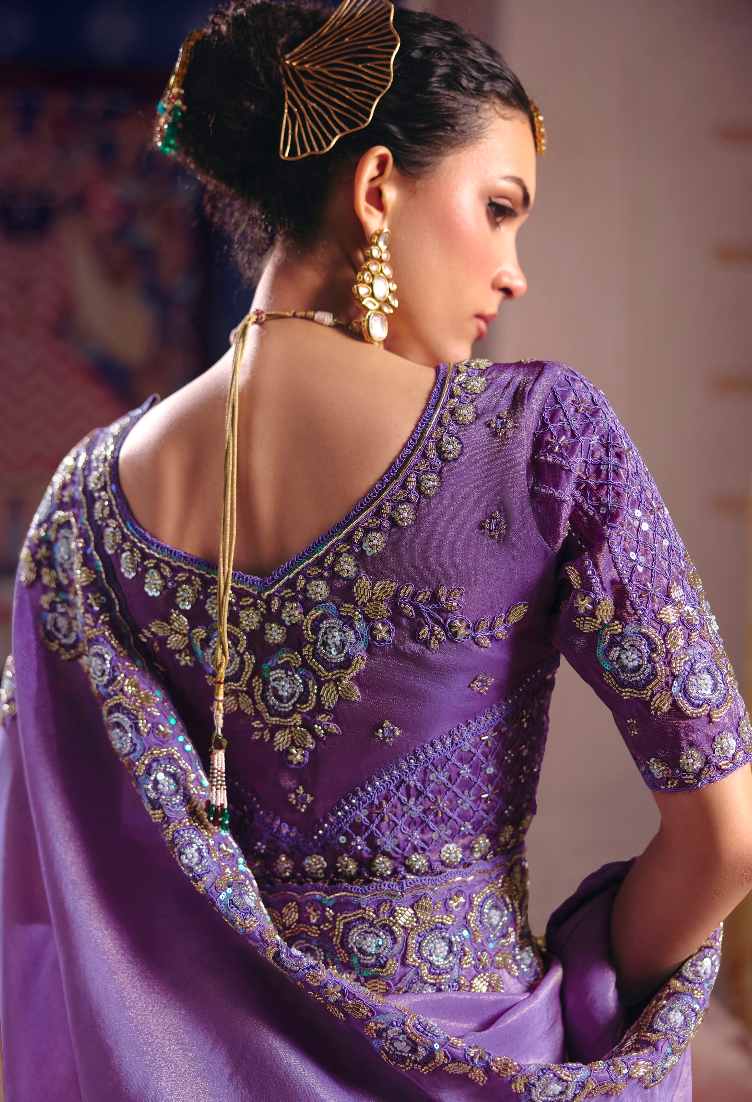 Lavender Saree With Heavy Embroidery, Beads With Sequince Work