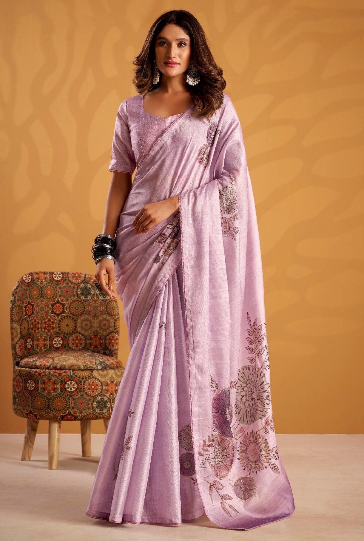 Lavender Saree With Printed With Kasheeda work