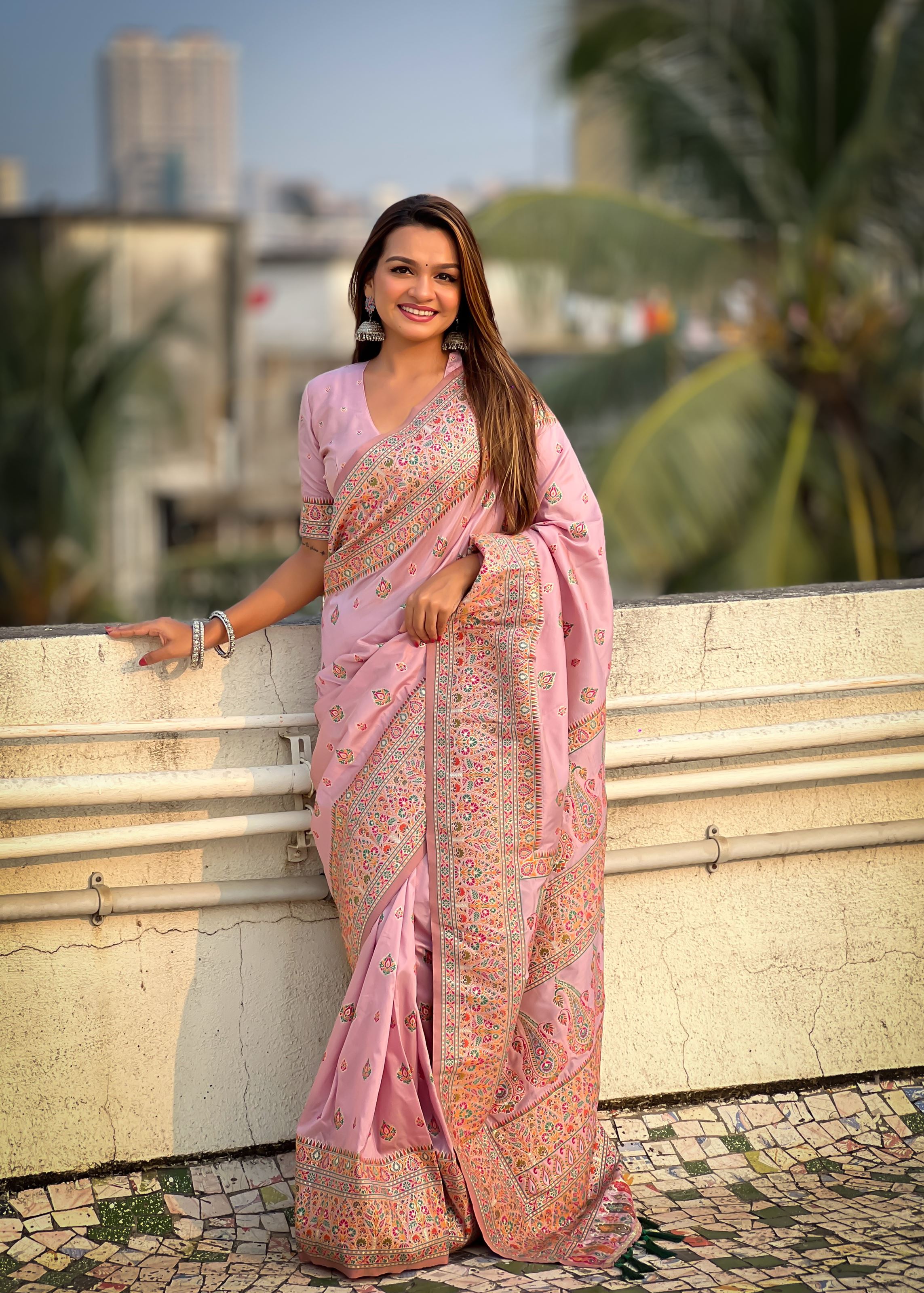 Lavender Silk Blend Saree With Meenakari Kashmiri woven Work