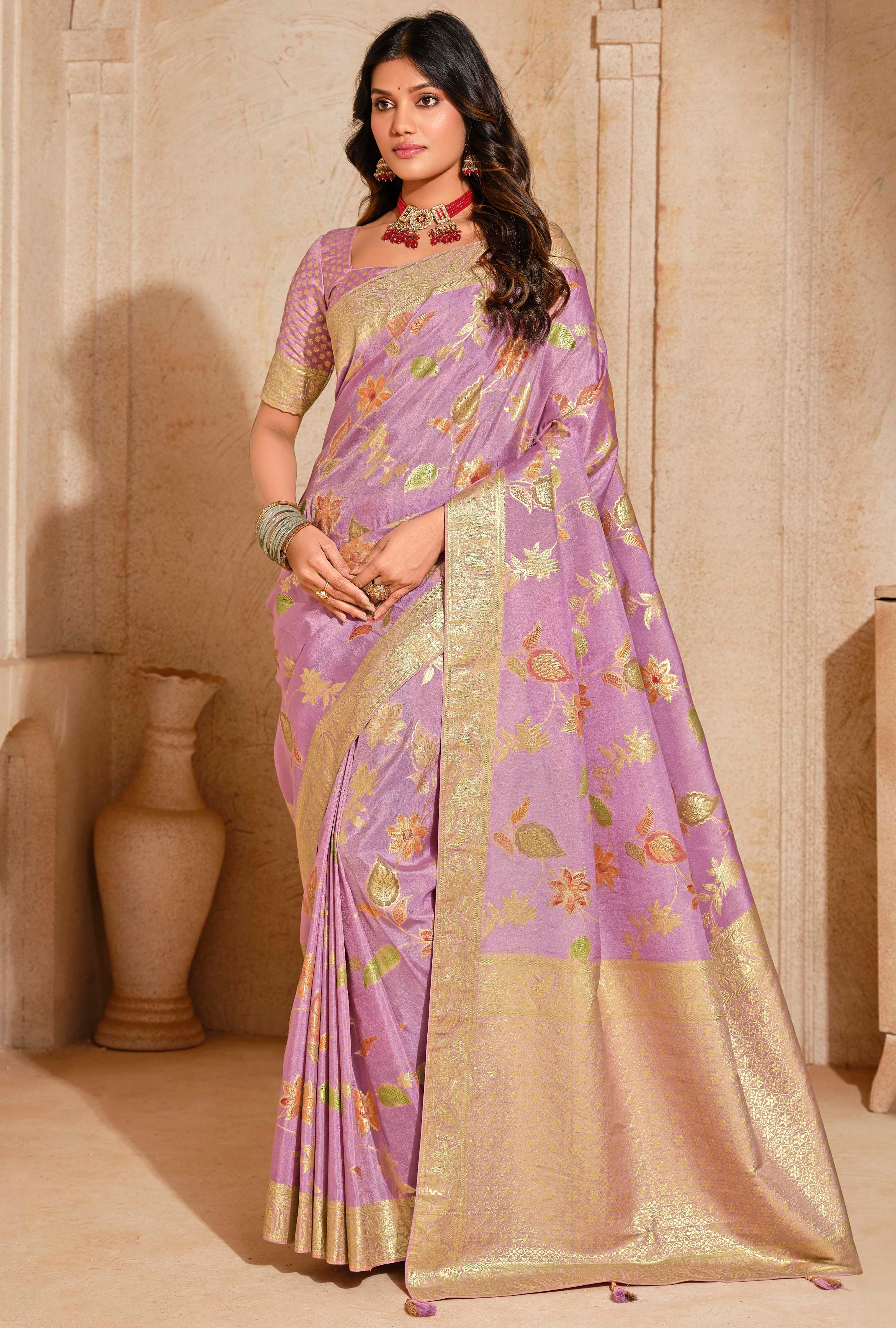 Lavender Silk Saree With Jacquard Woven Work