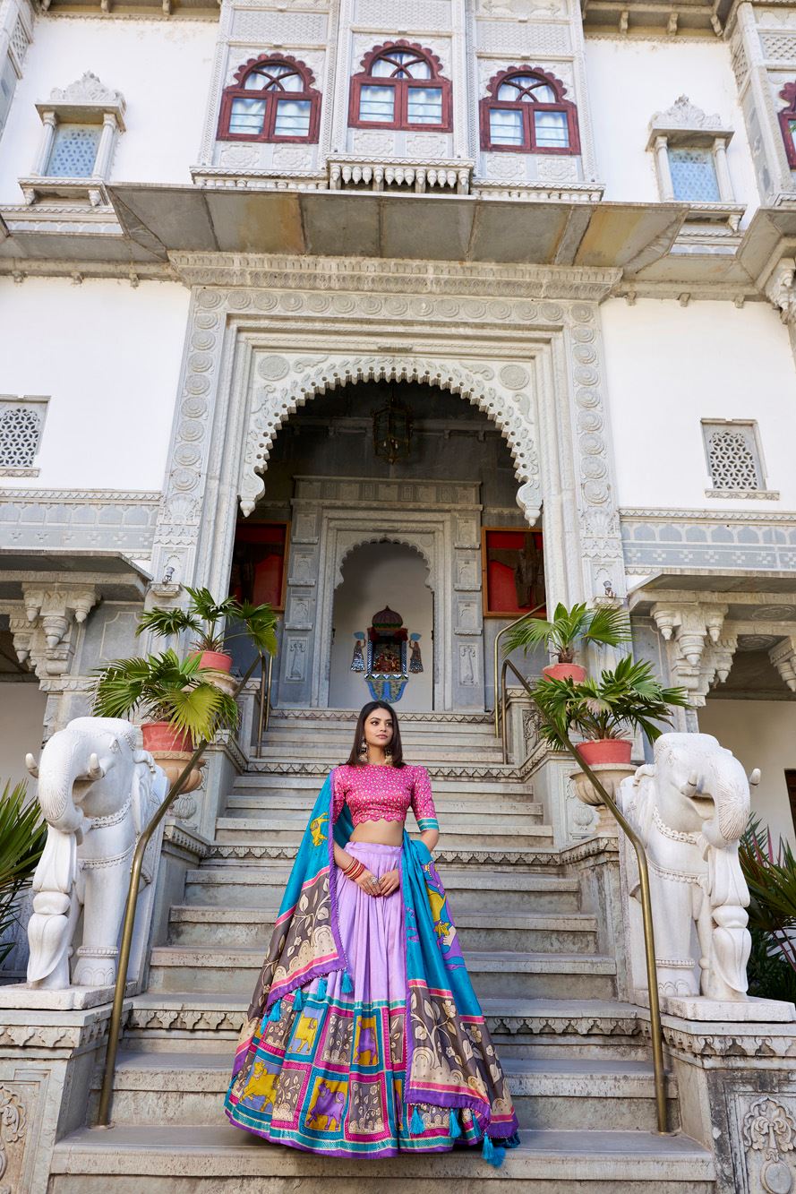 Lavender Tussar Silk Lehenga with Kalamkari Print and Elegant Foil Work Accents