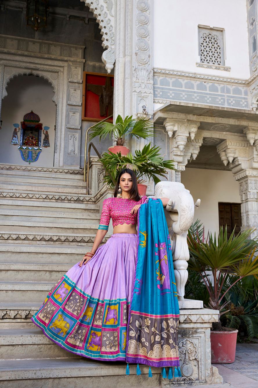 Lavender Tussar Silk Lehenga with Kalamkari Print and Elegant Foil Work Accents