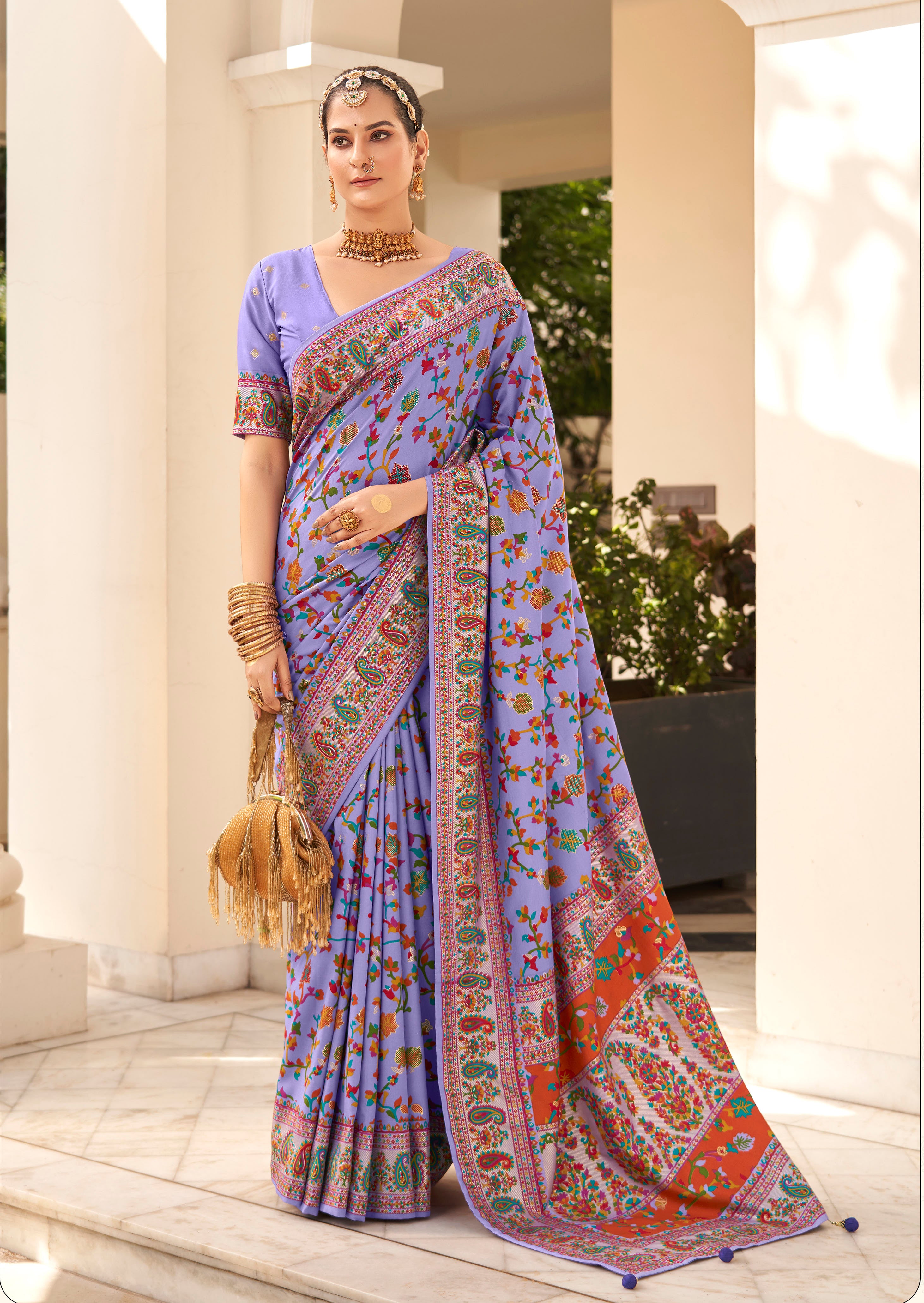 Lavender Velvet Tussar Silk Woven Designer With Floral Printed Ethnic Wedding Wear Saree