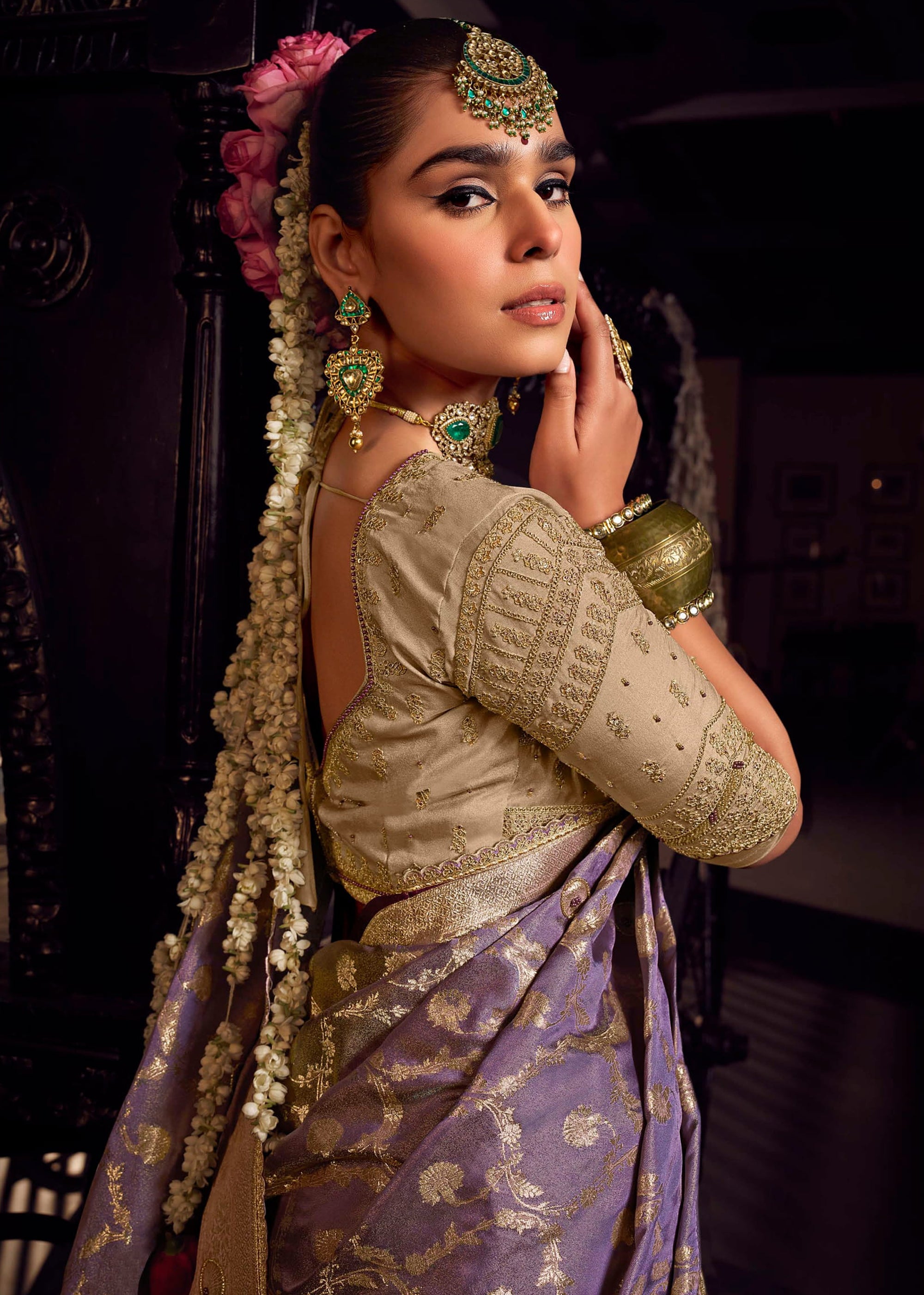 Lavender Viscose Tissue Saree with Hand Work and Embroidered Blouse