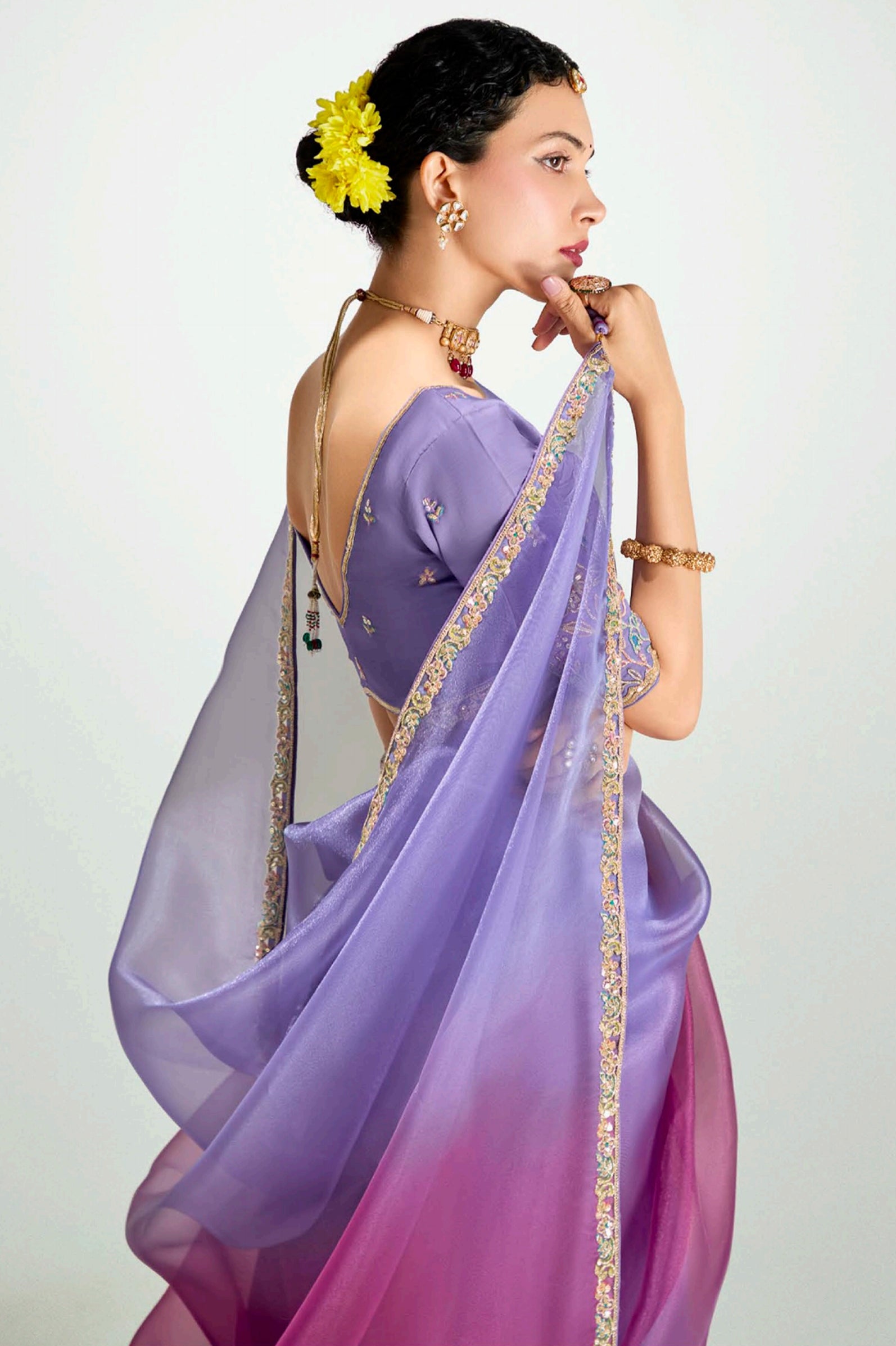 Lavender Wine Organza Saree with Embroidered Blouse
