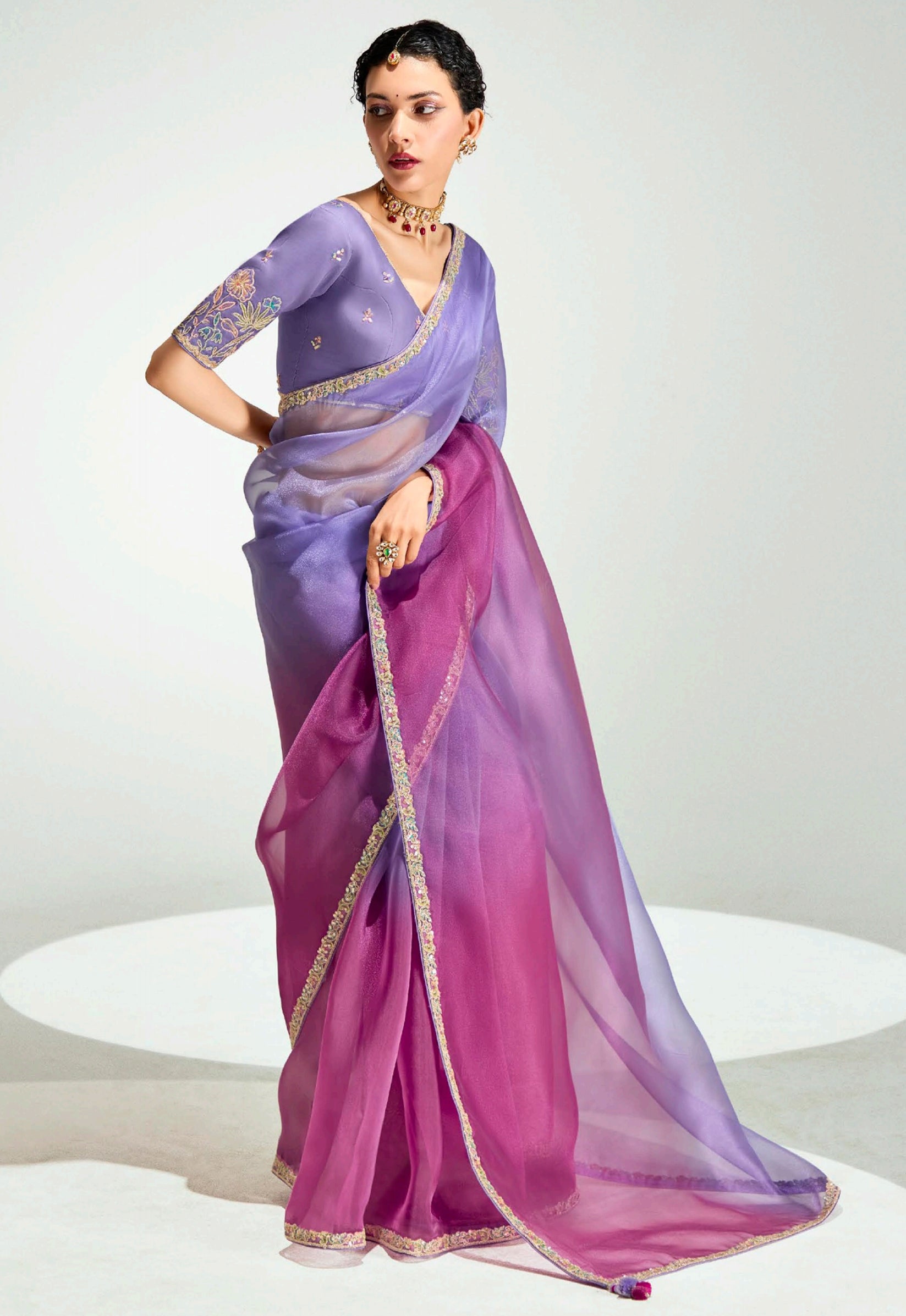 Lavender Wine Organza Saree with Embroidered Blouse