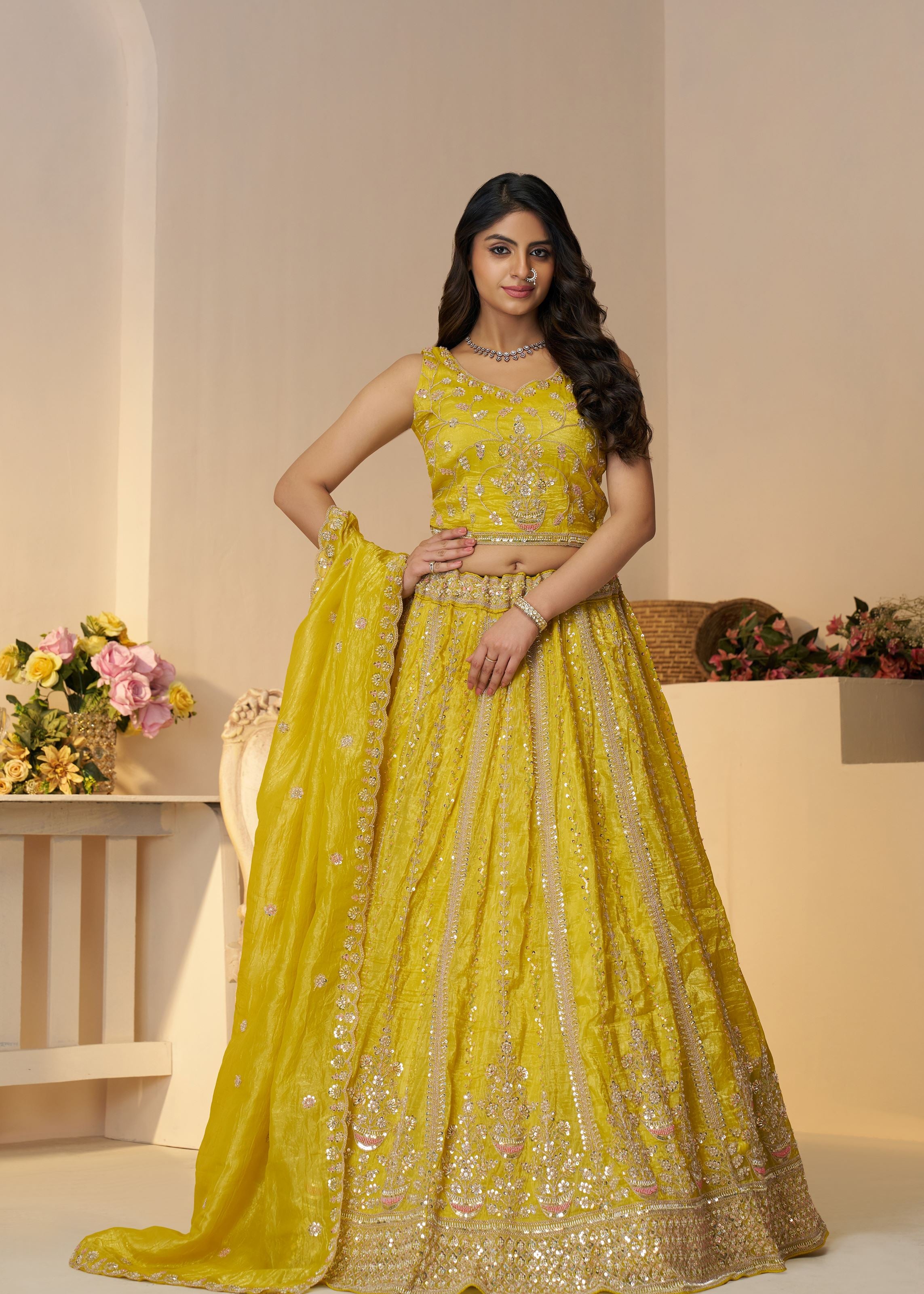 Lehenga For Haldi- Indian Lehenga With Seqins And Cut Dana Work