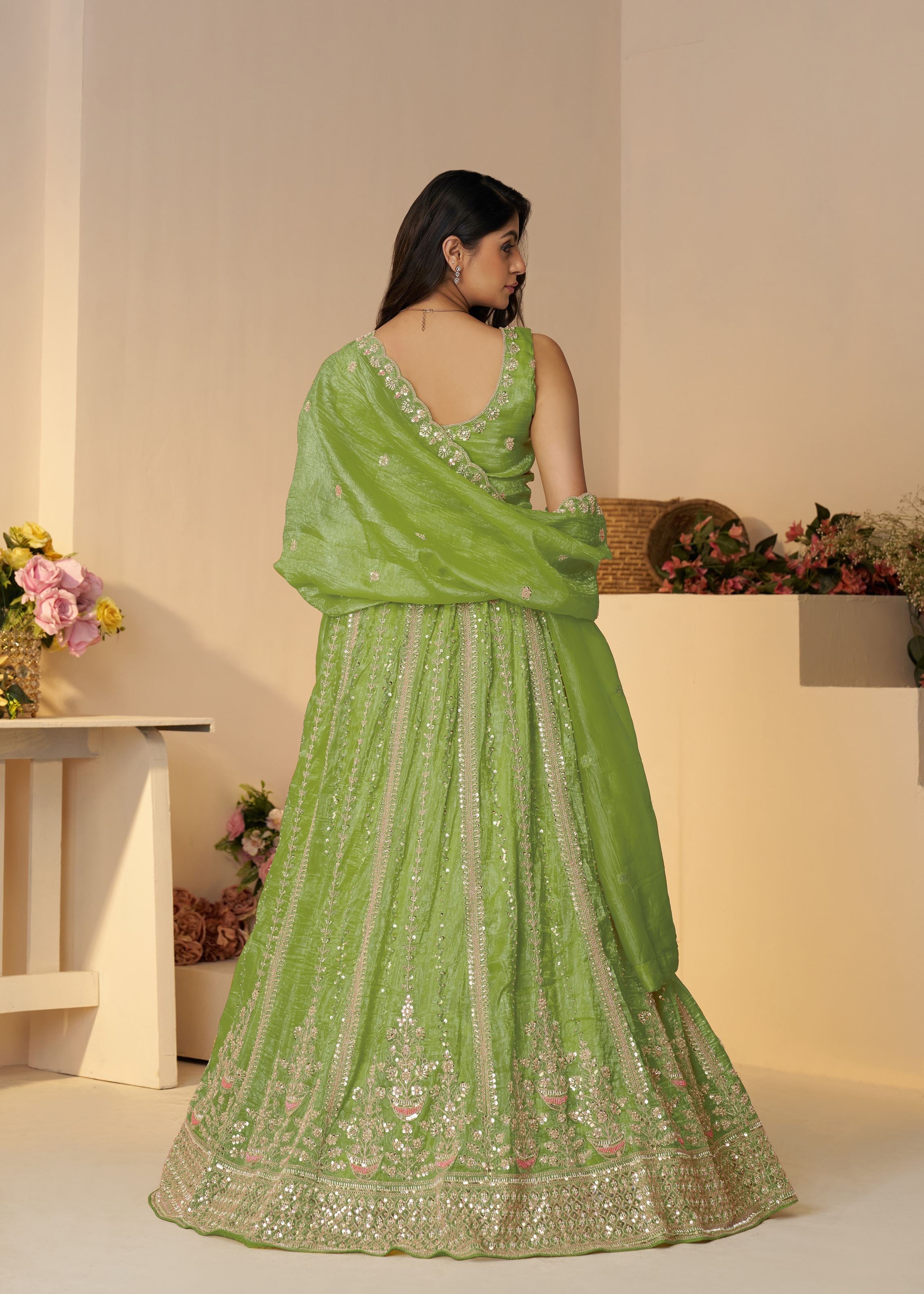 Lehenga For Mehendi Function- Indian Lehenga With Seqins And Cut Dana Work For Brides