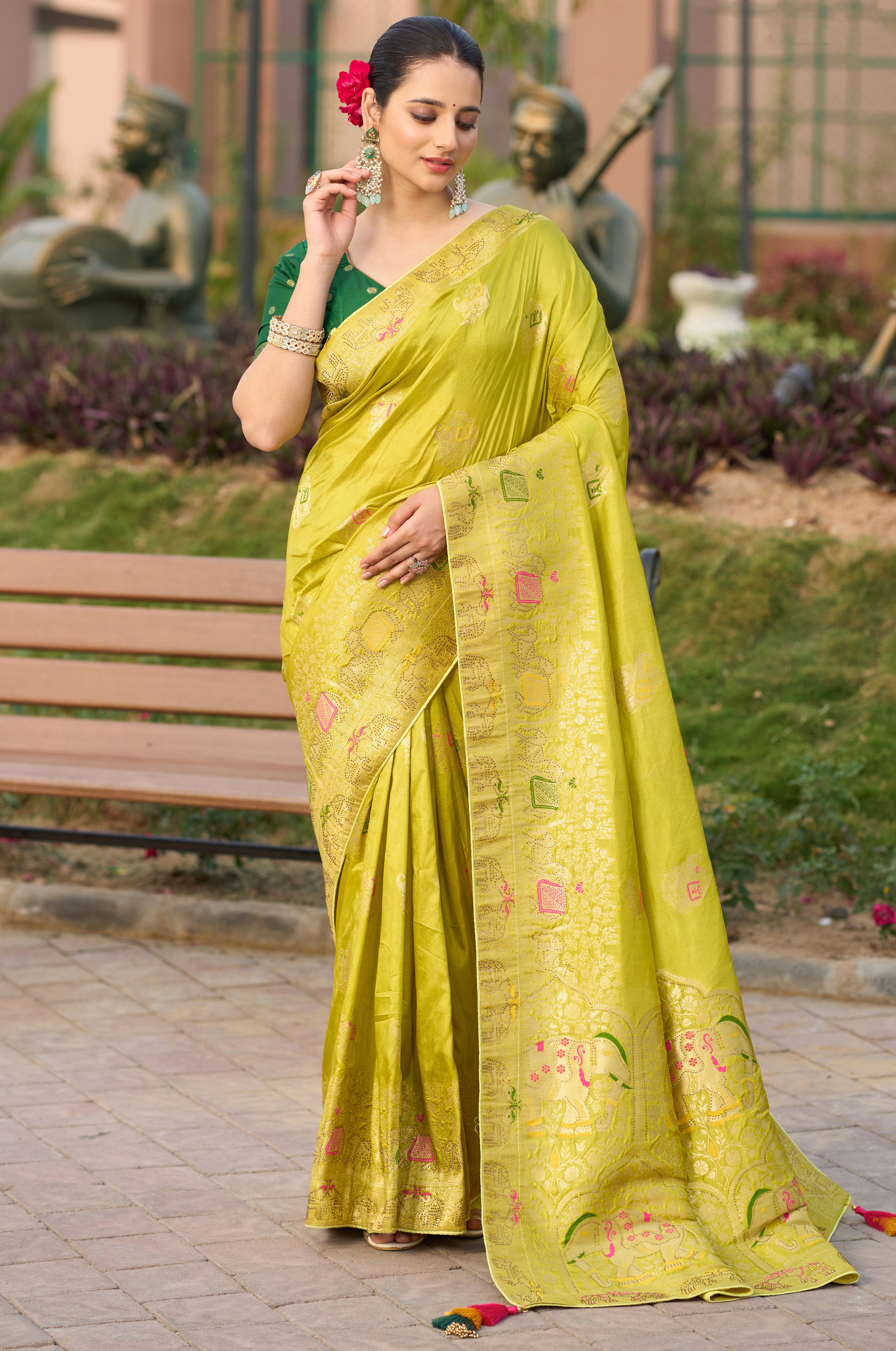Lemon Color Pure Dola Silk Saree With Jacquard Woven Work