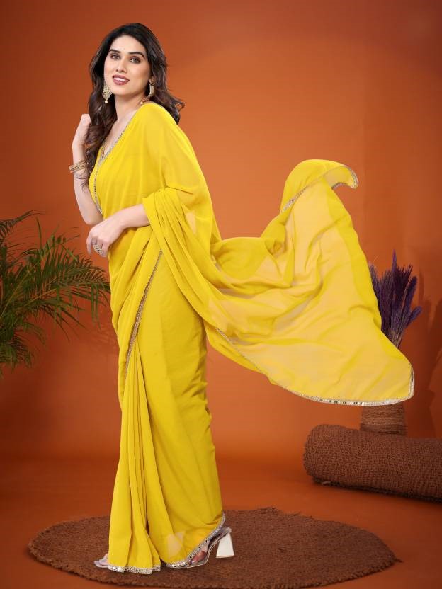 Lemon Georgette Saree with Mirror Border