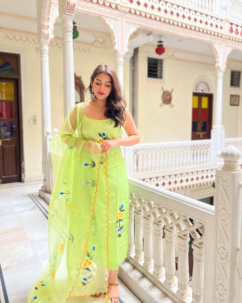Lemon Green Viscose Twill Kurta Pant Set Printed