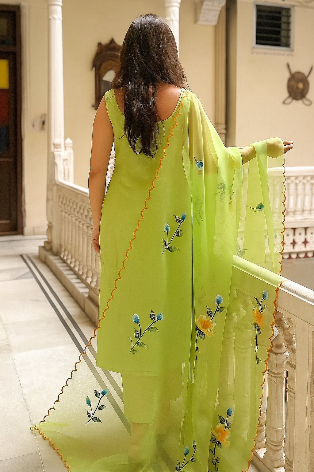 Lemon Green Viscose Twill Kurta Pant Set Printed
