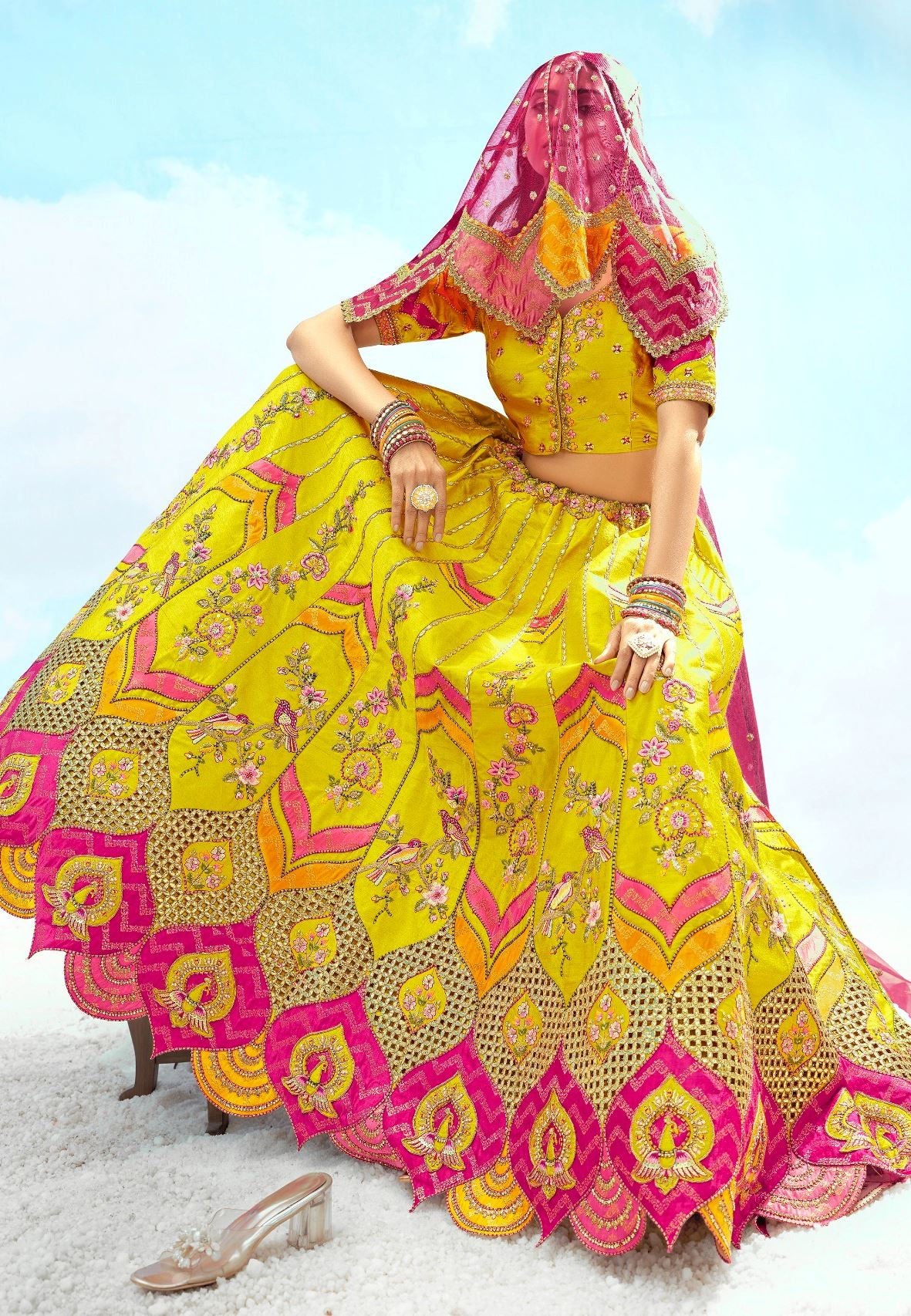 Lemon Silk Lehenga Choli With Heavy Thread Embroidery, Zari With Sequins Work