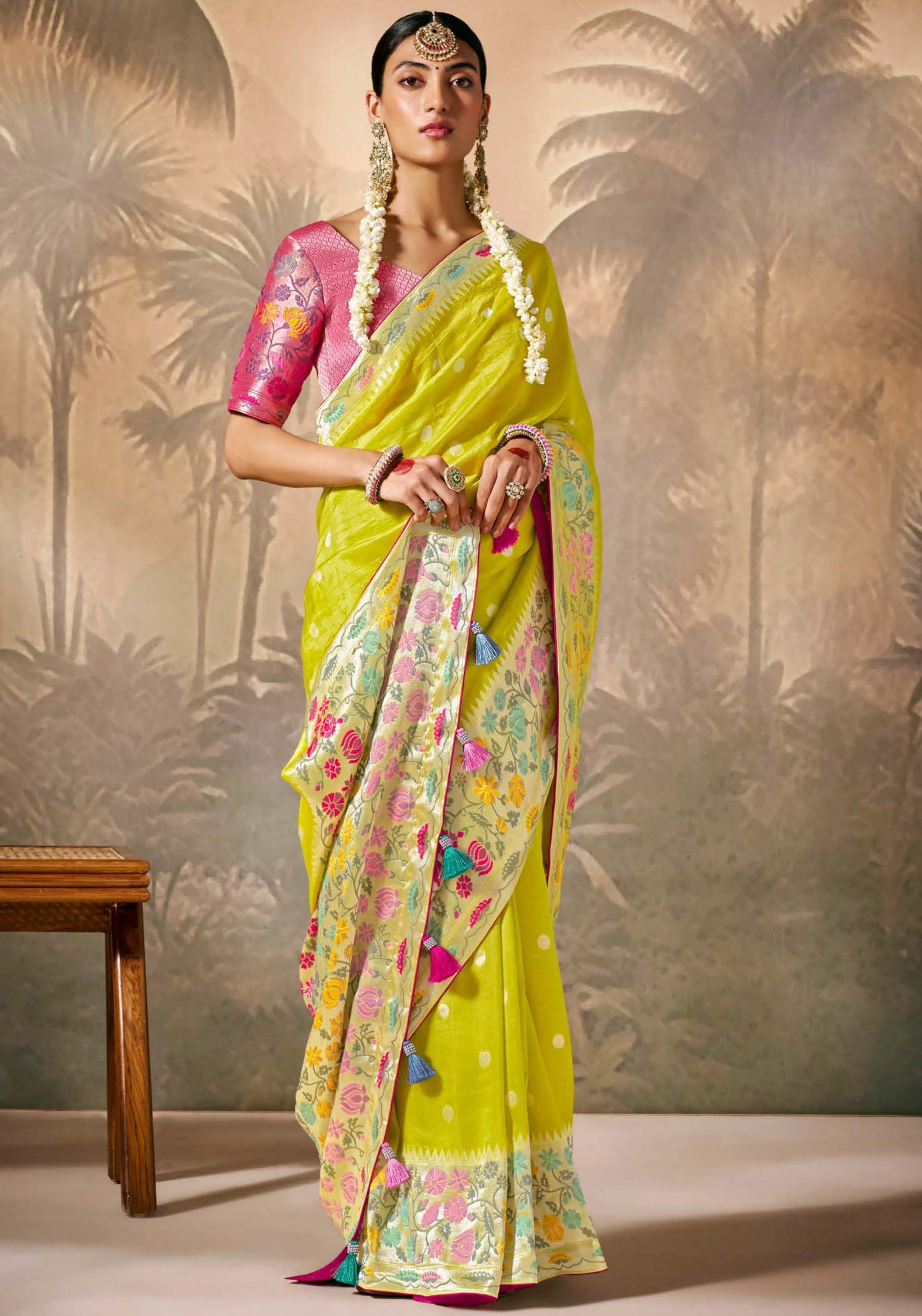 Lemon Silk Saree With Jacquard Woven